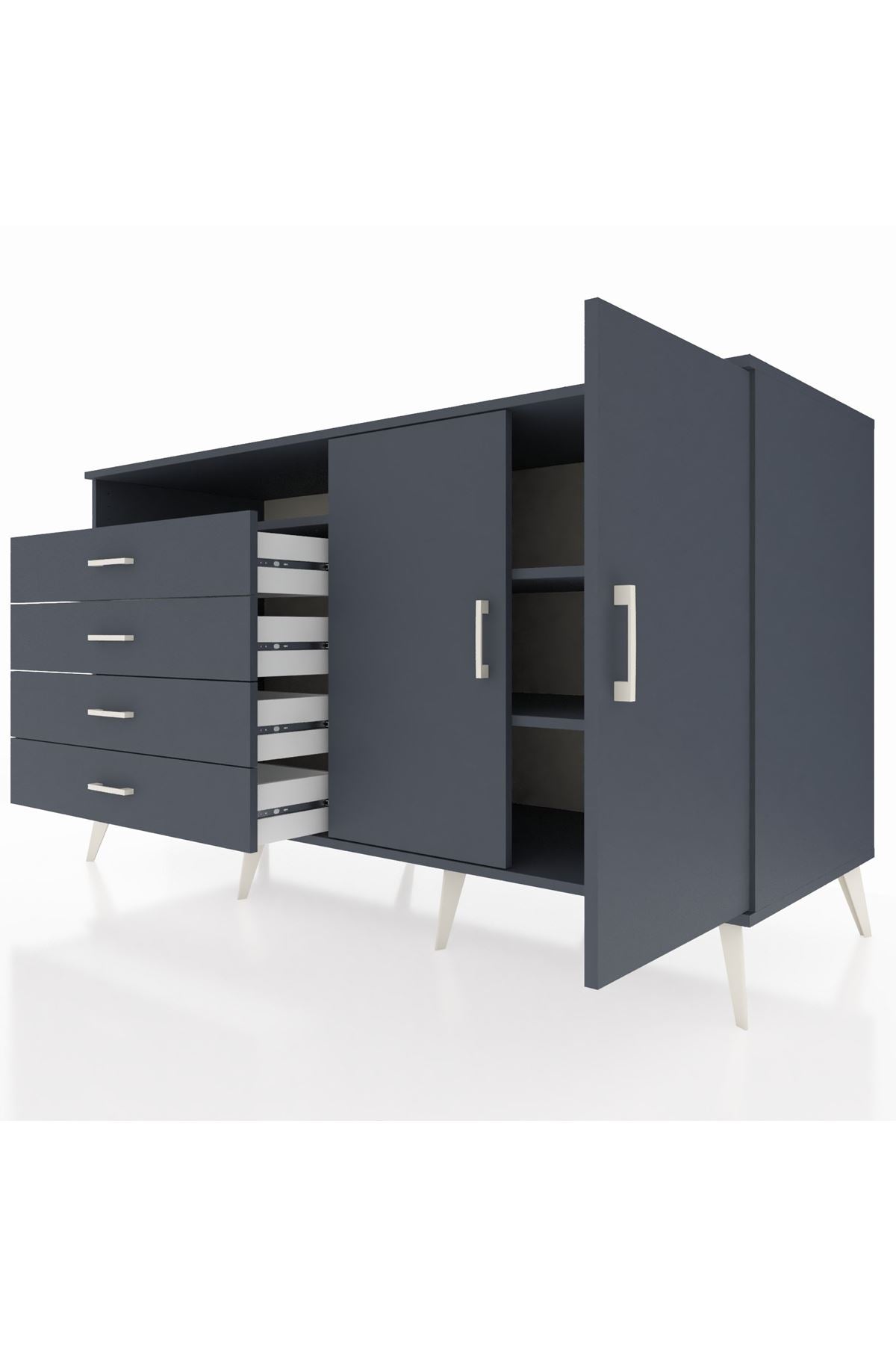 Kronos Konsol 3 Raflı 4 Çekmeceli 2 Kapaklı 176x59x99 Antrasit-Antrasit