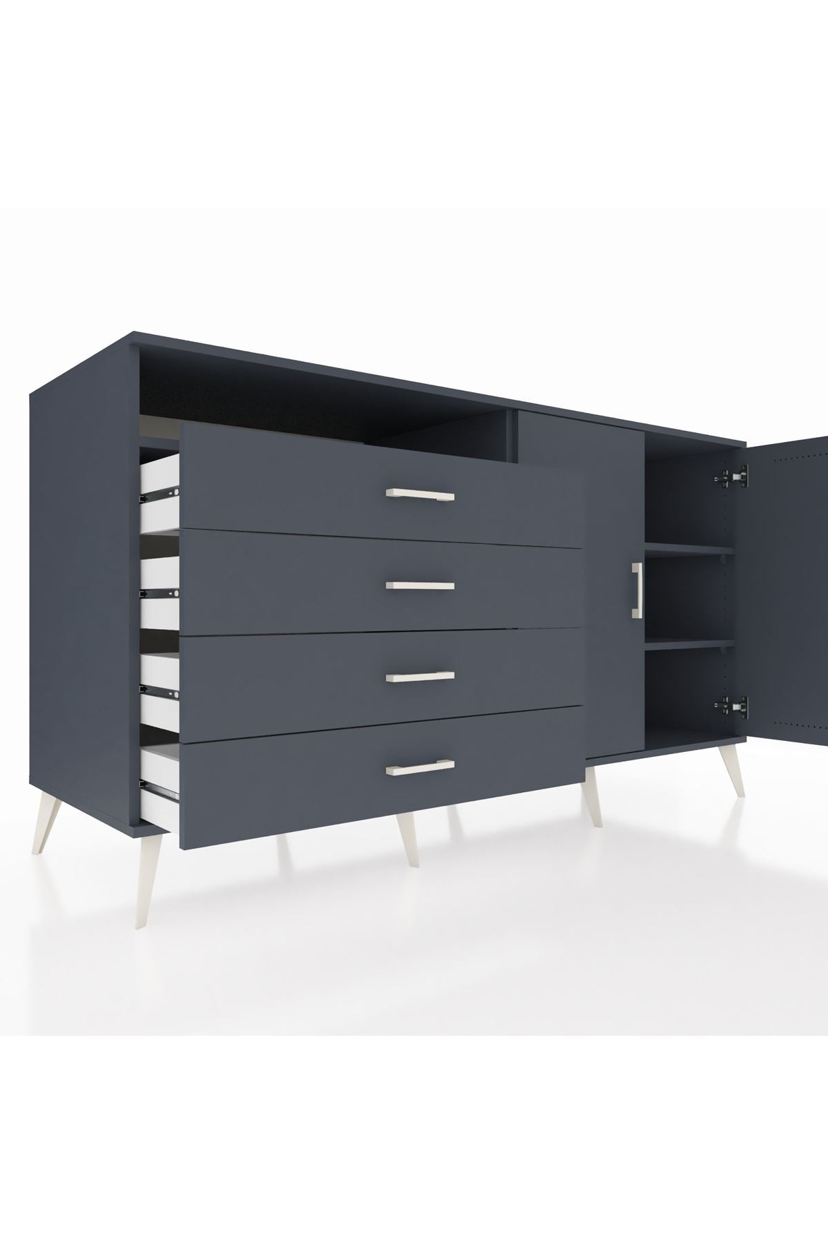 Kronos Konsol 3 Raflı 4 Çekmeceli 2 Kapaklı 176x59x99 Antrasit-Antrasit