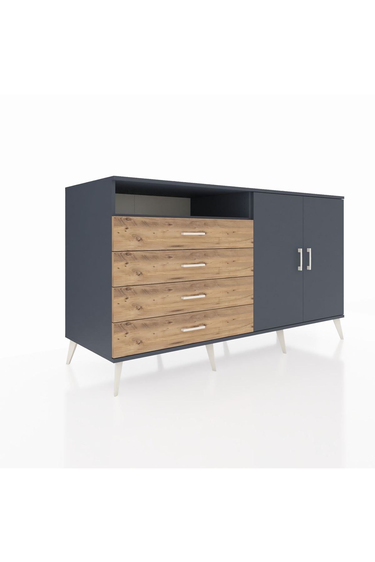 Kronos Konsol 3 Raflı 4 Çekmeceli 2 Kapaklı 176x59x99 Antrasit-Antrasit/Çam