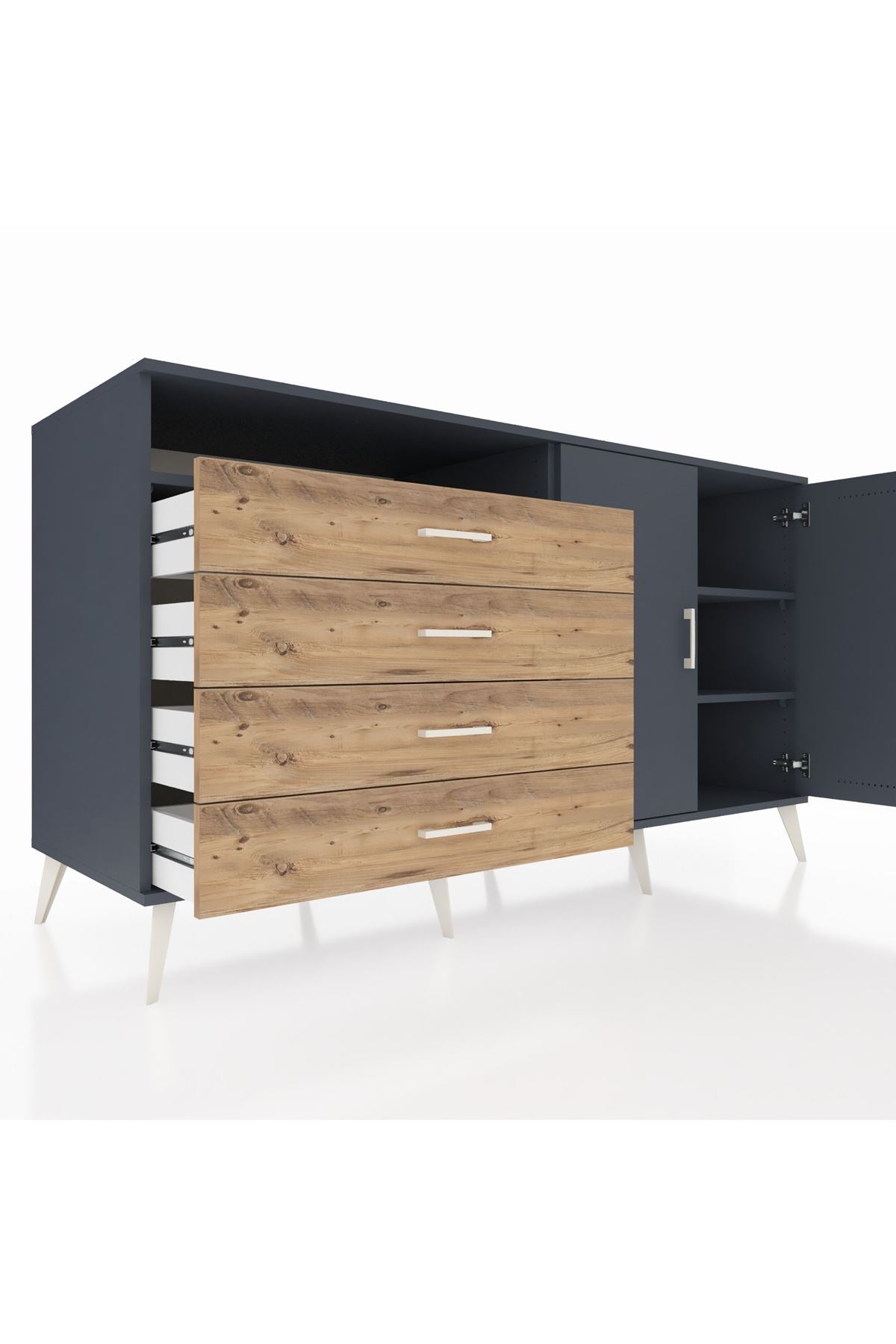 Kronos Konsol 3 Raflı 4 Çekmeceli 2 Kapaklı 176x59x99 Antrasit-Antrasit/Çam