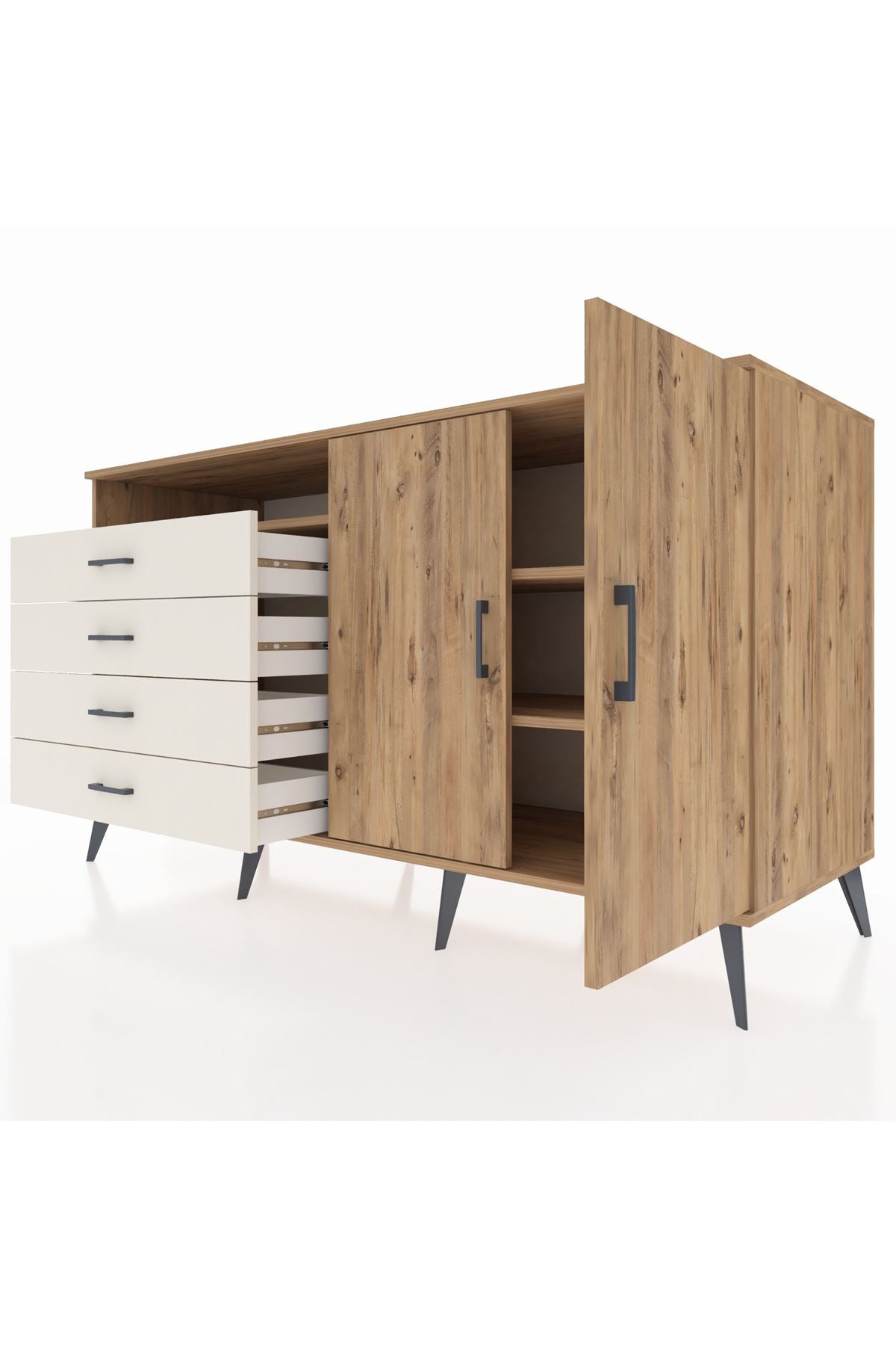 Kronos Konsol 3 Raflı 4 Çekmeceli 2 Kapaklı 176x59x99 Çam-Çam/Aytaşı