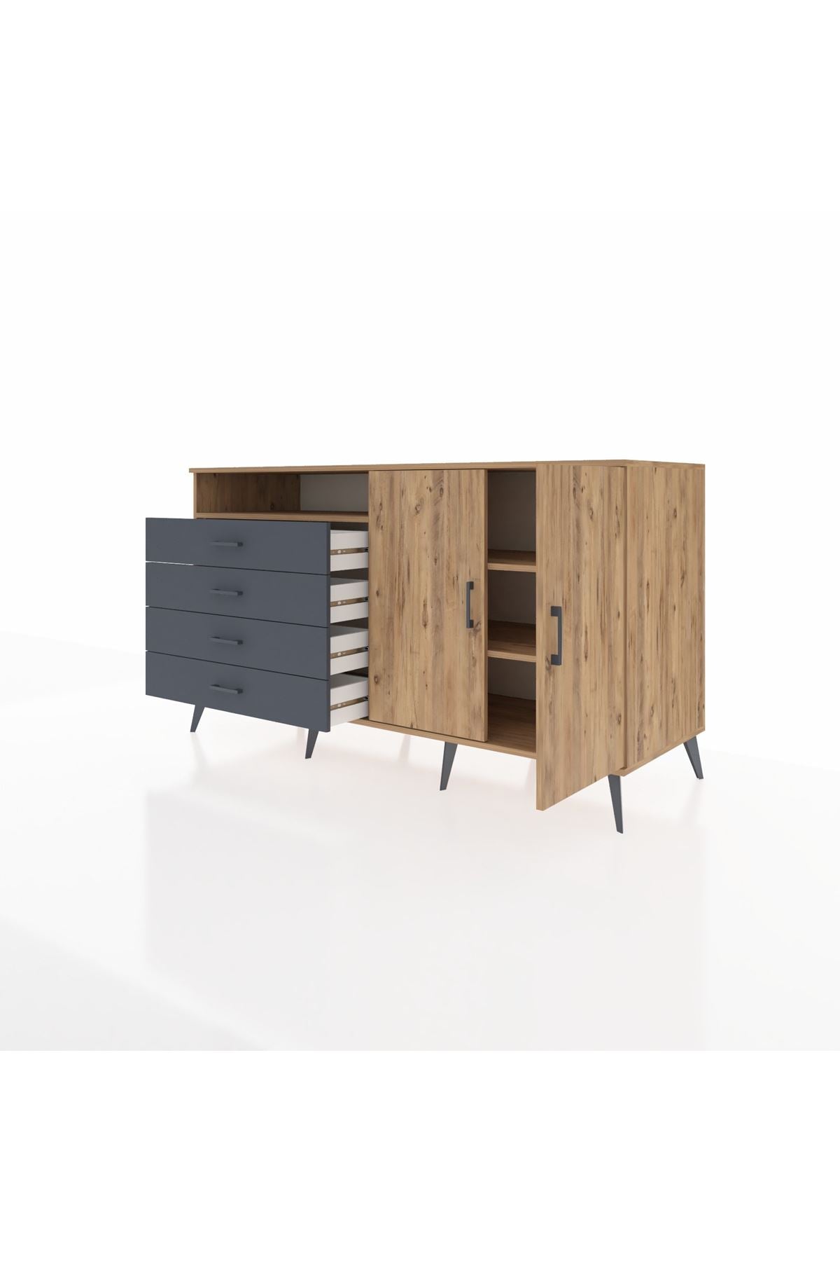 Kronos Konsol 3 Raflı 4 Çekmeceli 2 Kapaklı 176x59x99 Çam-Çam/Antrasit