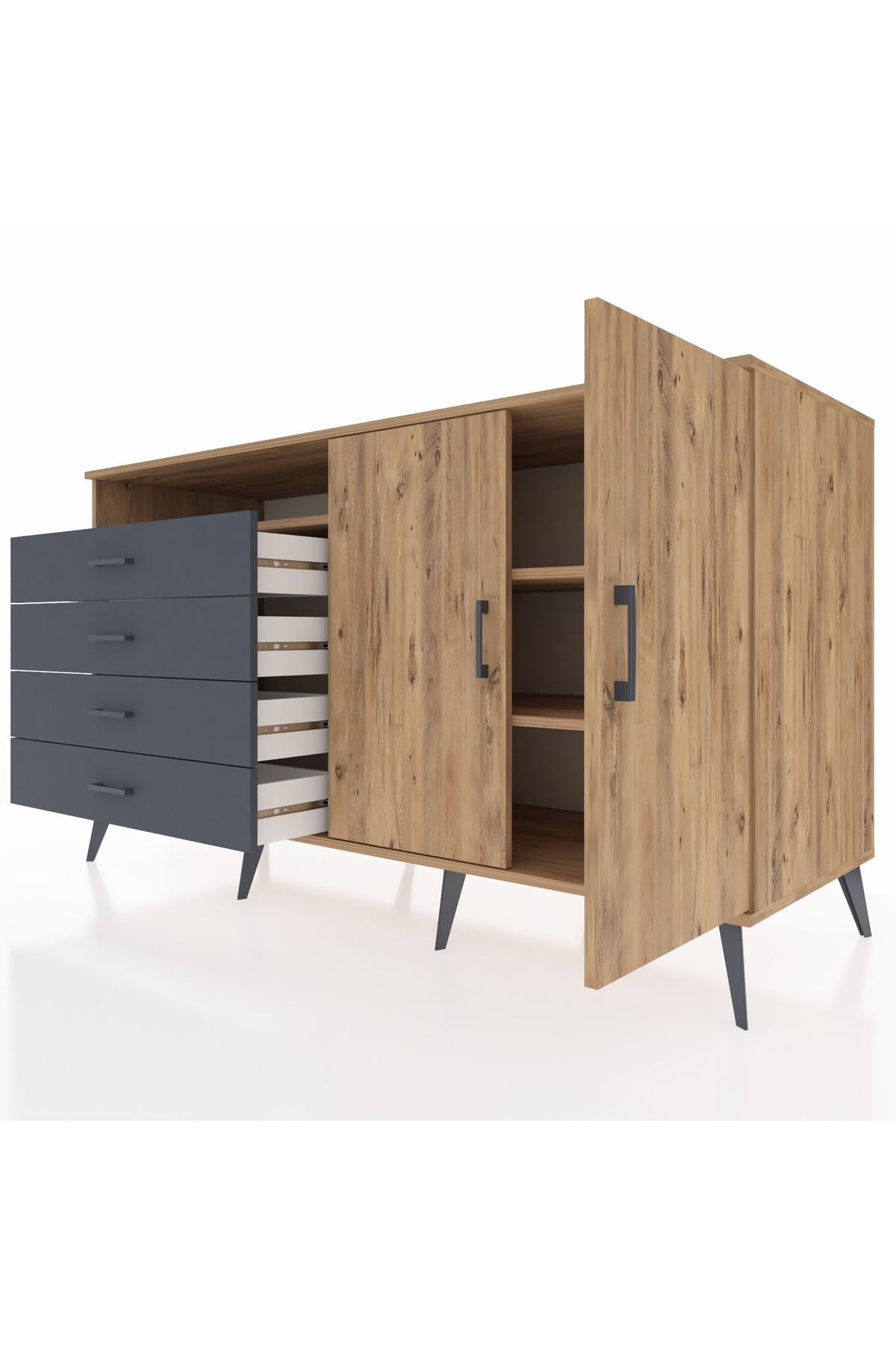 Kronos Konsol 3 Raflı 4 Çekmeceli 2 Kapaklı 176x59x99 Çam-Çam/Antrasit