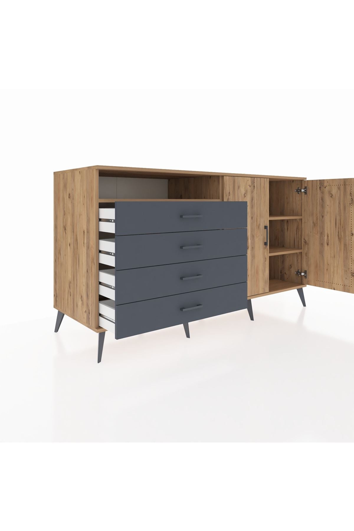 Kronos Konsol 3 Raflı 4 Çekmeceli 2 Kapaklı 176x59x99 Çam-Çam/Antrasit