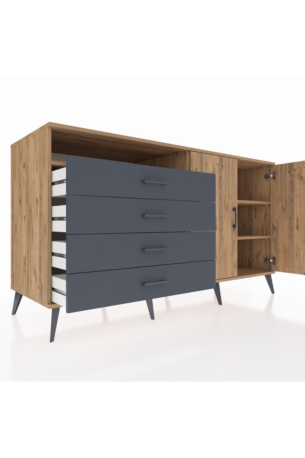 Kronos Konsol 3 Raflı 4 Çekmeceli 2 Kapaklı 176x59x99 Çam-Çam/Antrasit