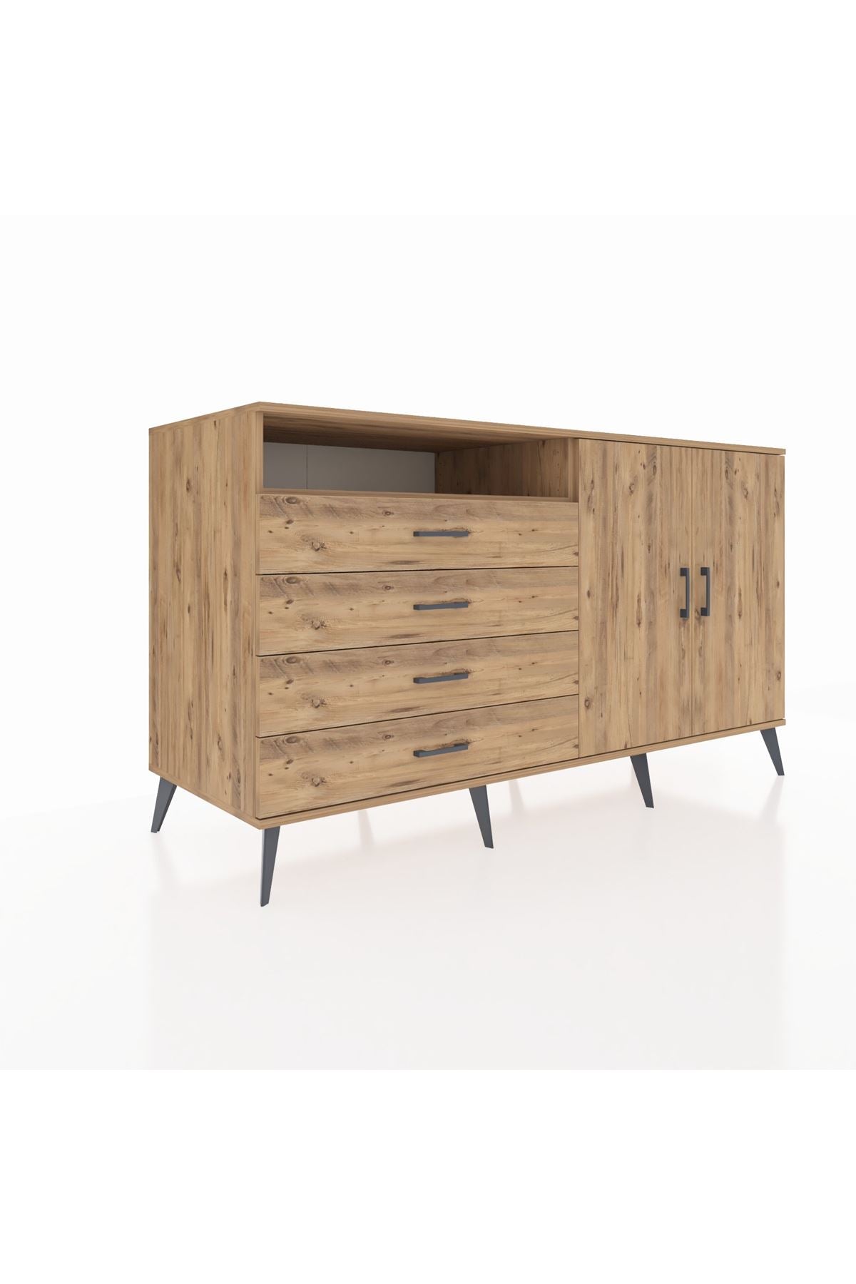 Kronos Konsol 3 Raflı 4 Çekmeceli 2 Kapaklı 176x59x99 Çam-Çam