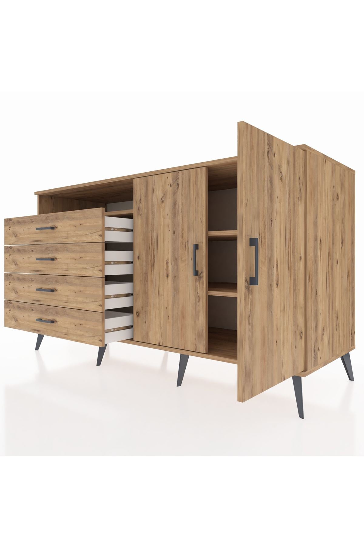 Kronos Konsol 3 Raflı 4 Çekmeceli 2 Kapaklı 176x59x99 Çam-Çam