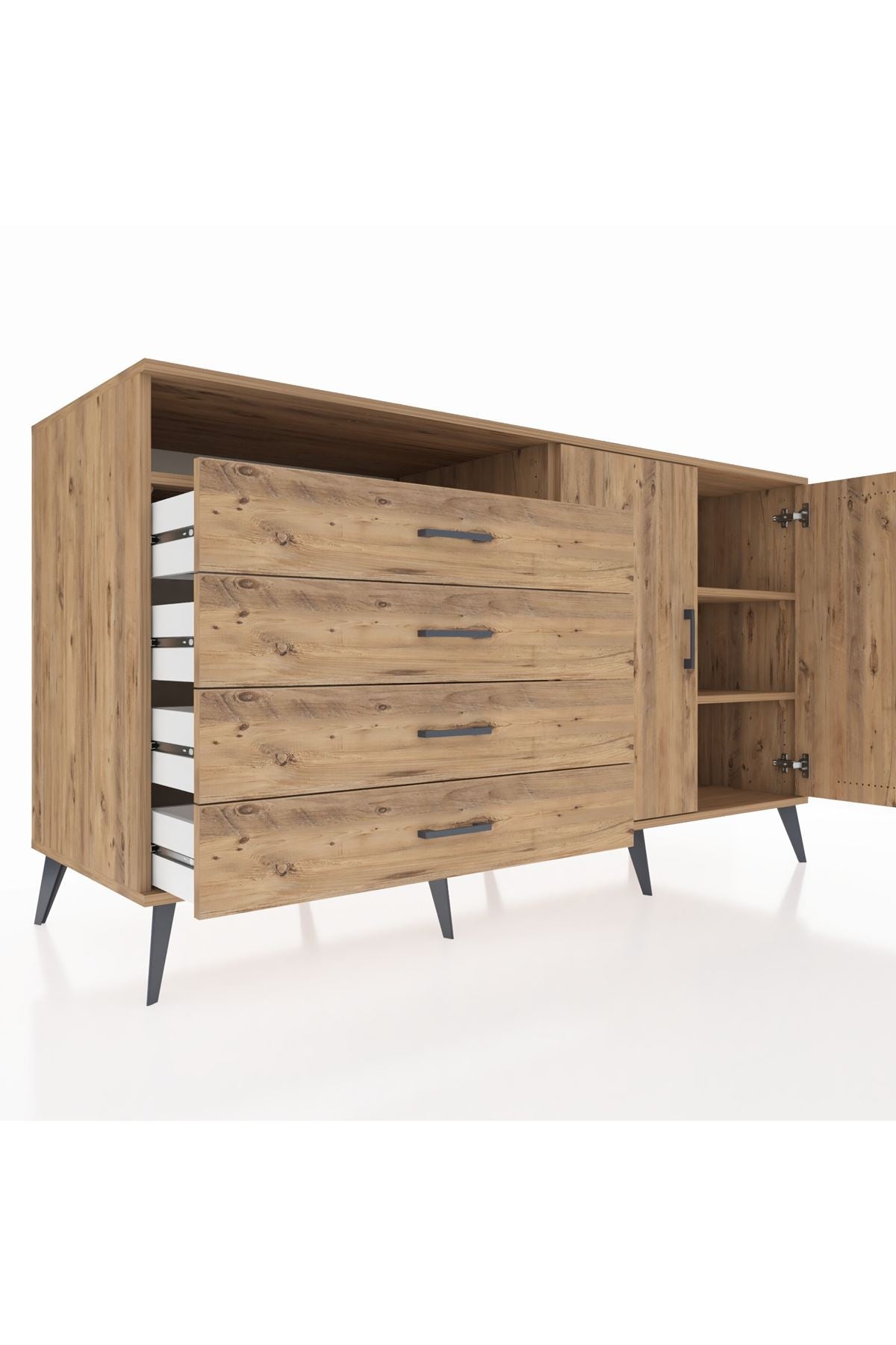 Kronos Konsol 3 Raflı 4 Çekmeceli 2 Kapaklı 176x59x99 Çam-Çam