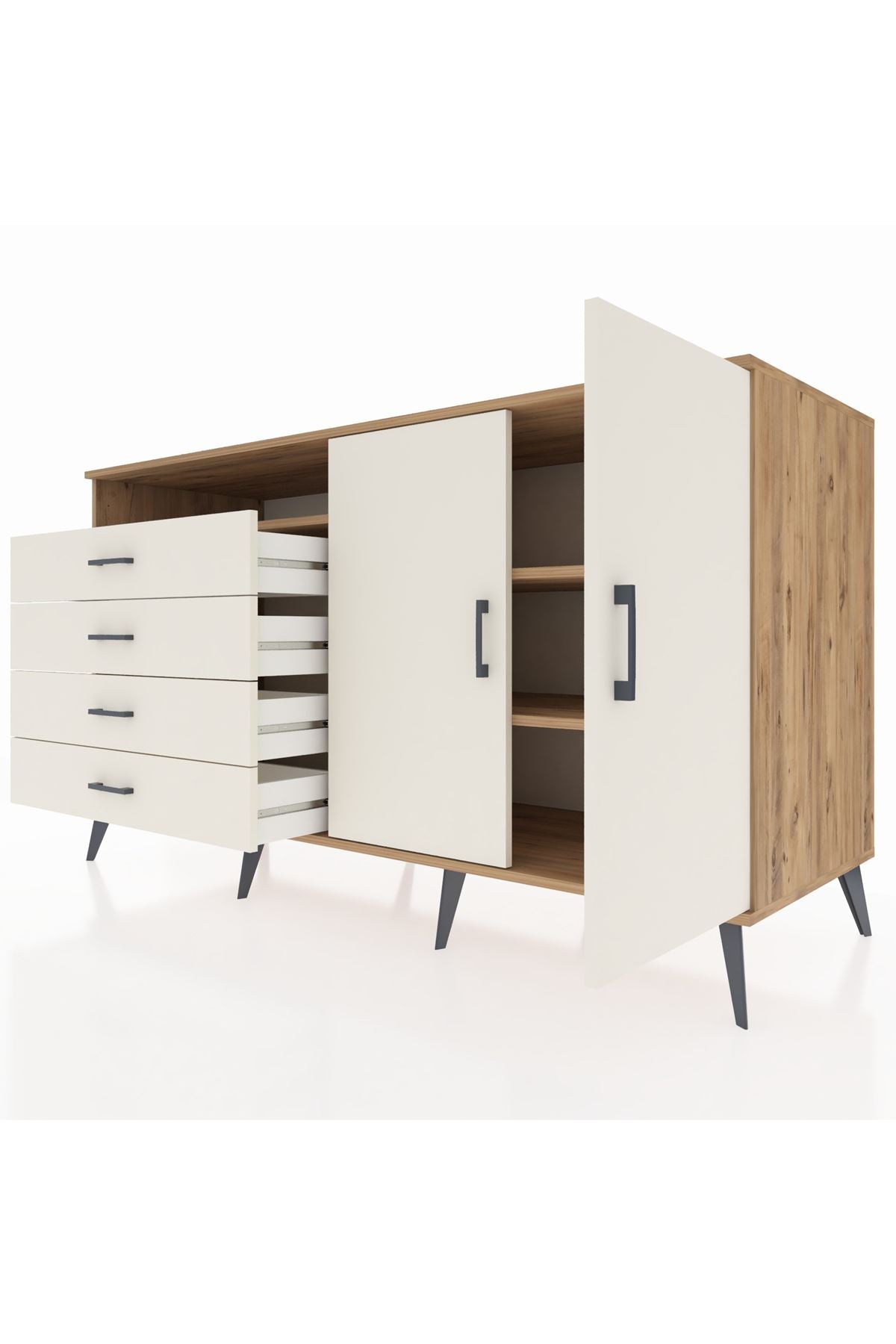 Kronos Konsol 3 Raflı 4 Çekmeceli 2 Kapaklı 176x59x99 Çam-Aytaşı