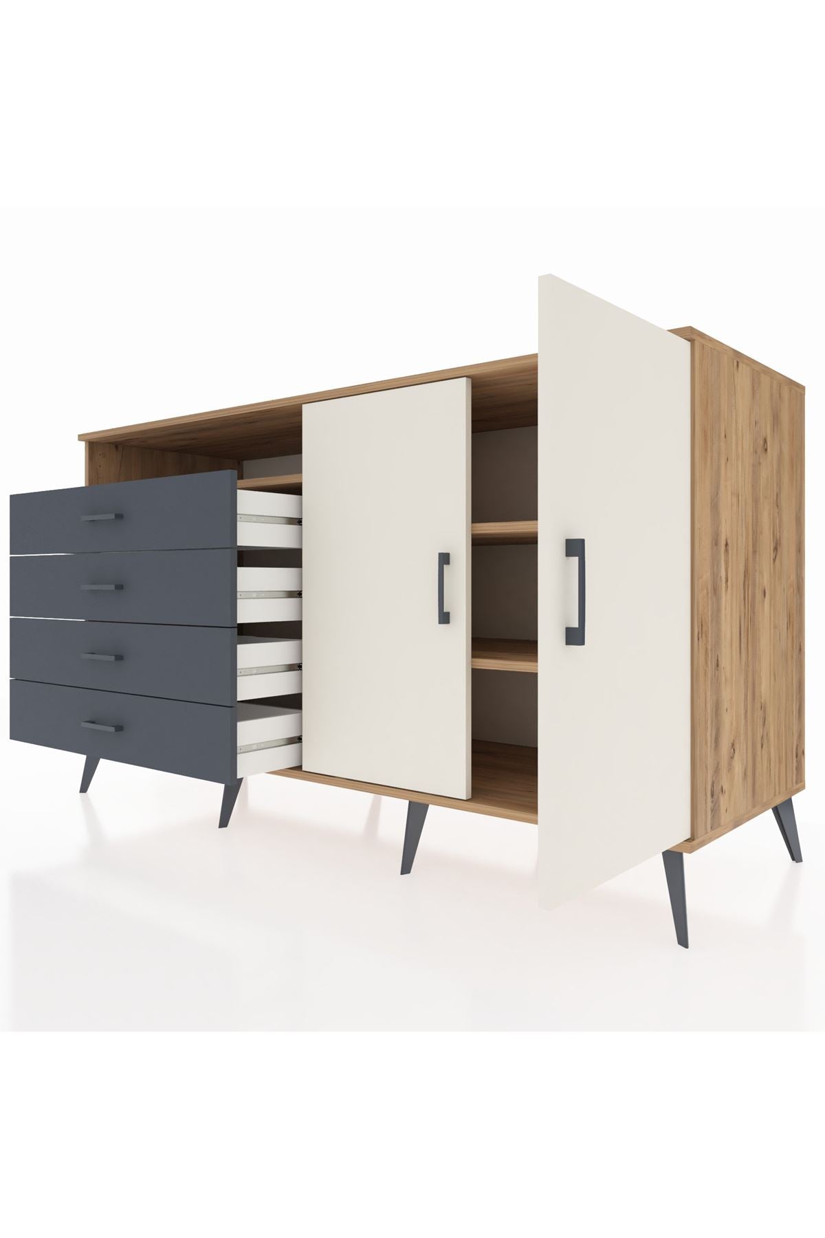 Kronos Konsol 3 Raflı 4 Çekmeceli 2 Kapaklı 176x59x99 Çam-Aytaşı/Antrasit