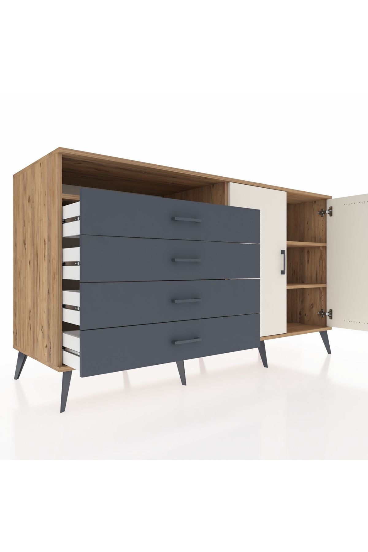 Kronos Konsol 3 Raflı 4 Çekmeceli 2 Kapaklı 176x59x99 Çam-Aytaşı/Antrasit