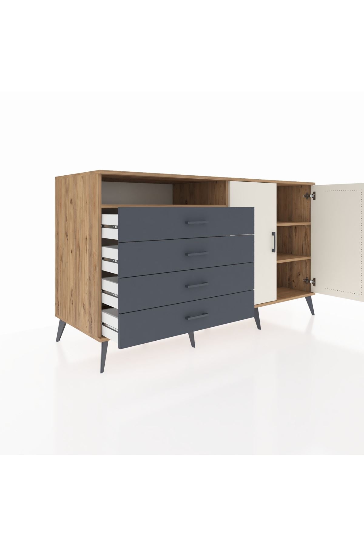 Kronos Konsol 3 Raflı 4 Çekmeceli 2 Kapaklı 176x59x99 Çam-Aytaşı/Antrasit