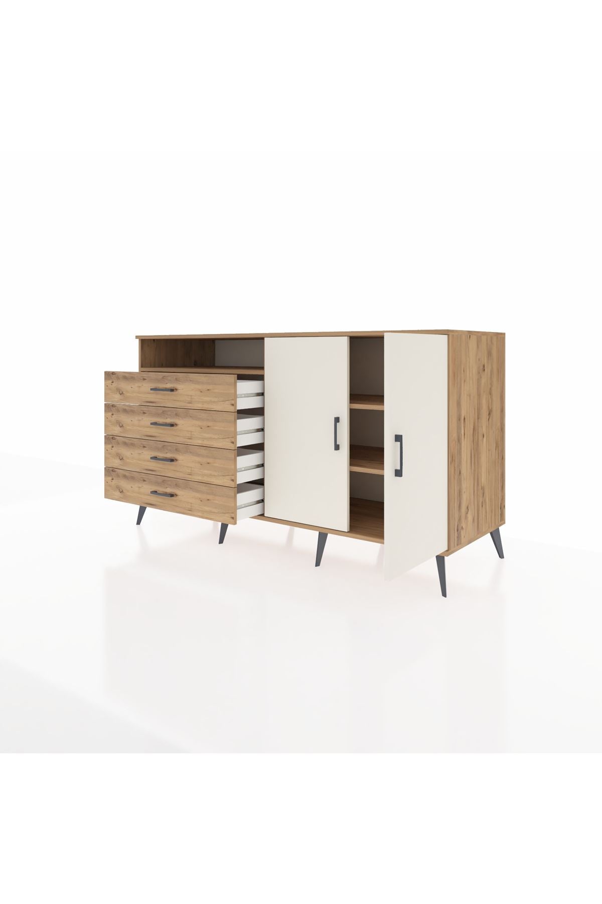 Kronos Konsol 3 Raflı 4 Çekmeceli 2 Kapaklı 176x59x99 Çam-Aytaşı/Çam