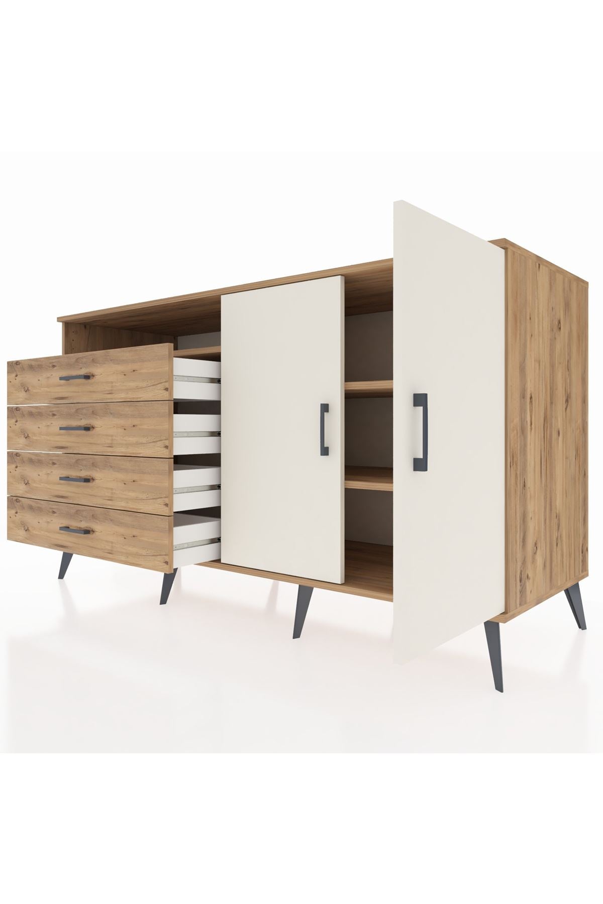 Kronos Konsol 3 Raflı 4 Çekmeceli 2 Kapaklı 176x59x99 Çam-Aytaşı/Çam