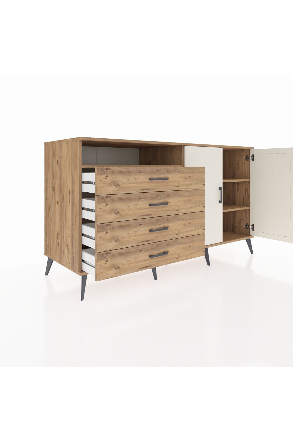 Kronos Konsol 3 Raflı 4 Çekmeceli 2 Kapaklı 176x59x99 Çam-Aytaşı/Çam