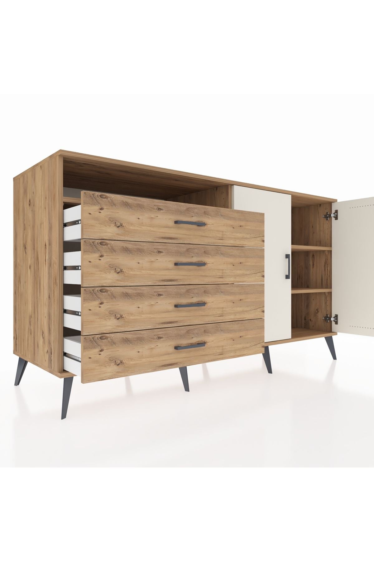 Kronos Konsol 3 Raflı 4 Çekmeceli 2 Kapaklı 176x59x99 Çam-Aytaşı/Çam