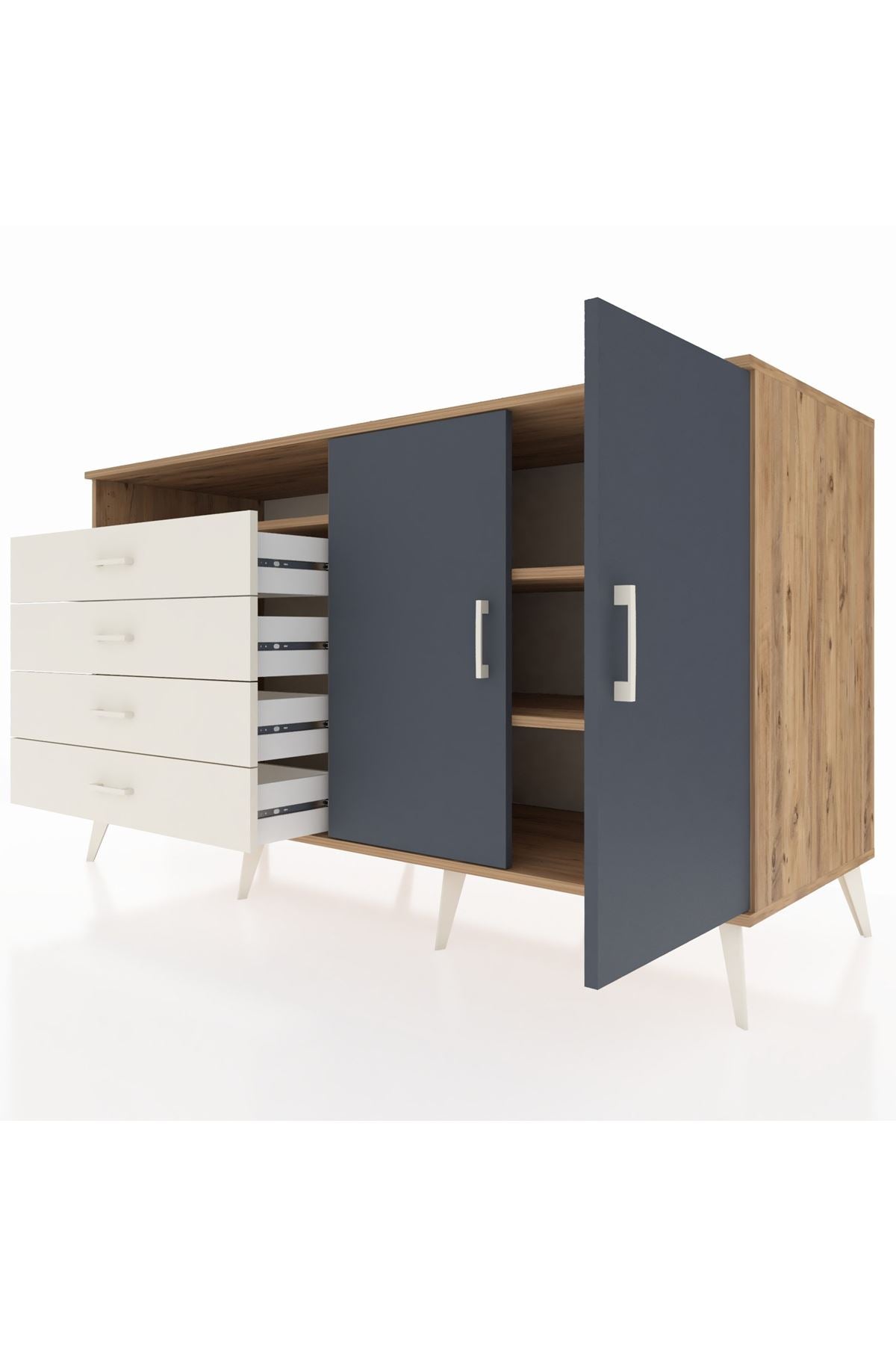 Kronos Konsol 3 Raflı 4 Çekmeceli 2 Kapaklı 176x59x99 Çam-Antrasit/Aytaşı