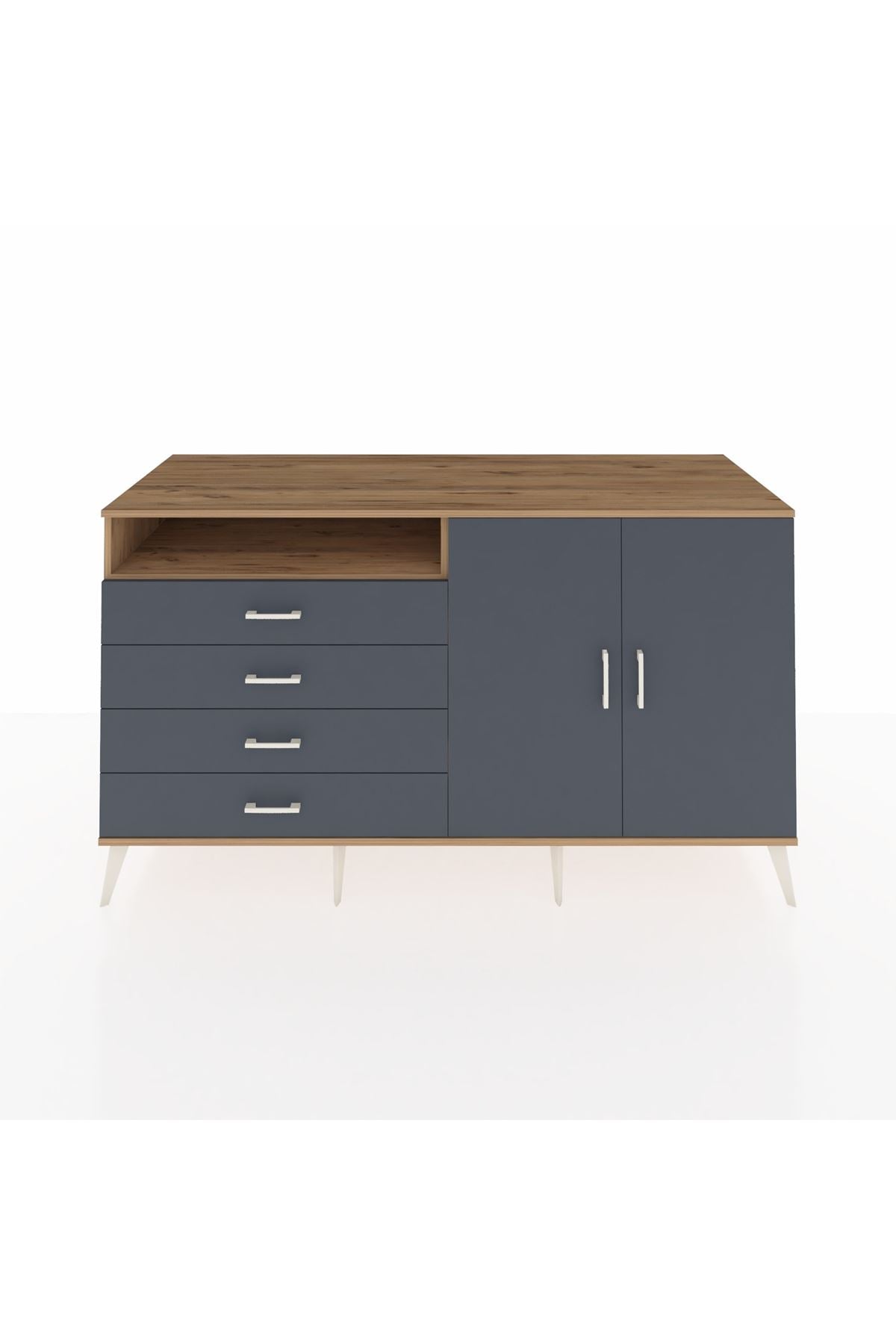 Kronos Konsol 3 Raflı 4 Çekmeceli 2 Kapaklı 176x59x99 Çam-Antrasit