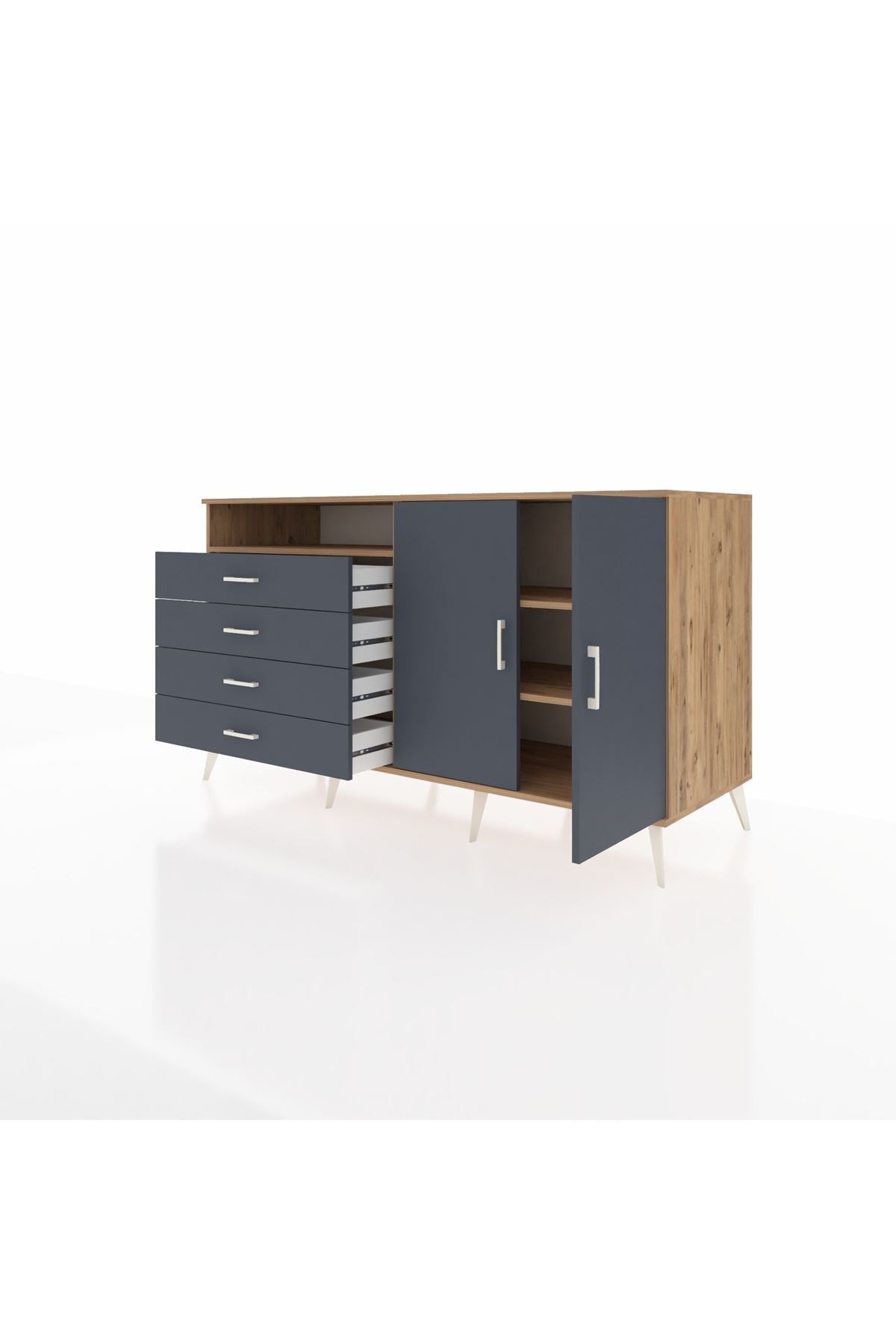 Kronos Konsol 3 Raflı 4 Çekmeceli 2 Kapaklı 176x59x99 Çam-Antrasit