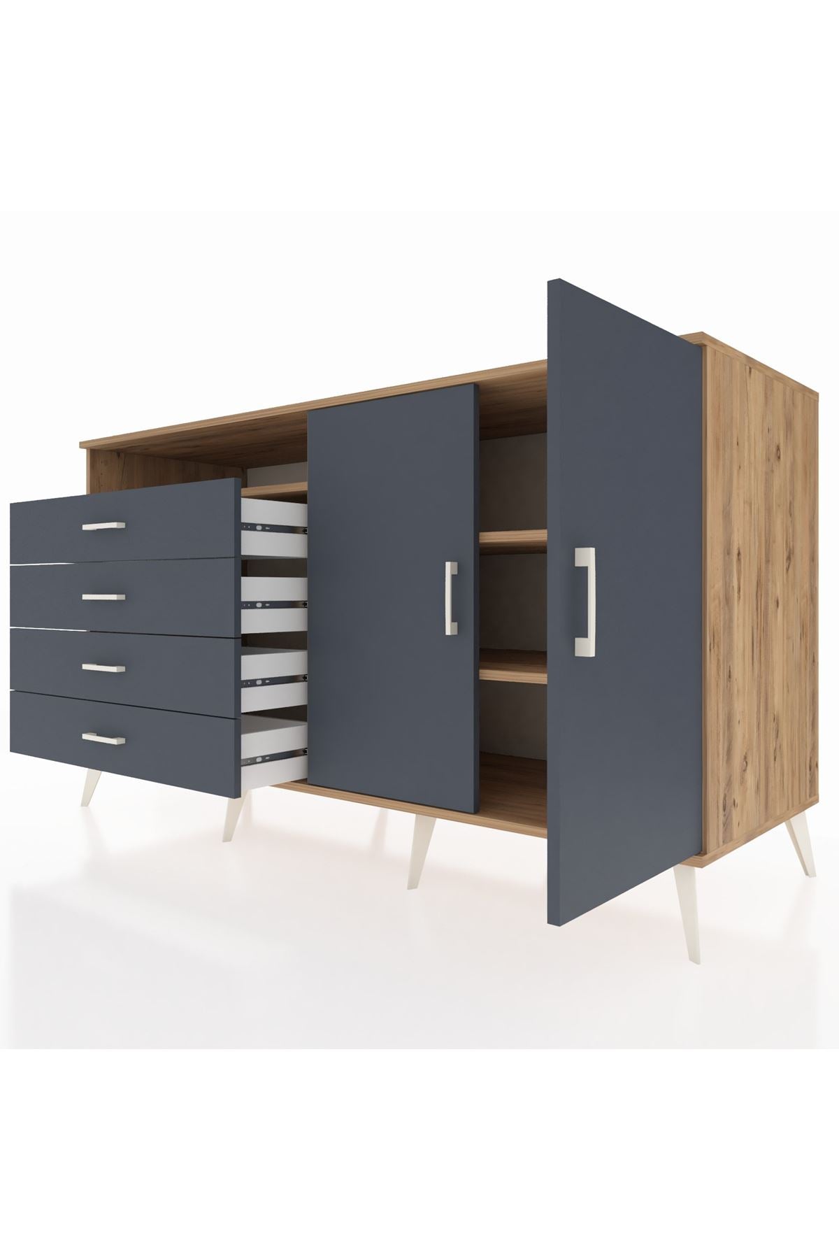 Kronos Konsol 3 Raflı 4 Çekmeceli 2 Kapaklı 176x59x99 Çam-Antrasit