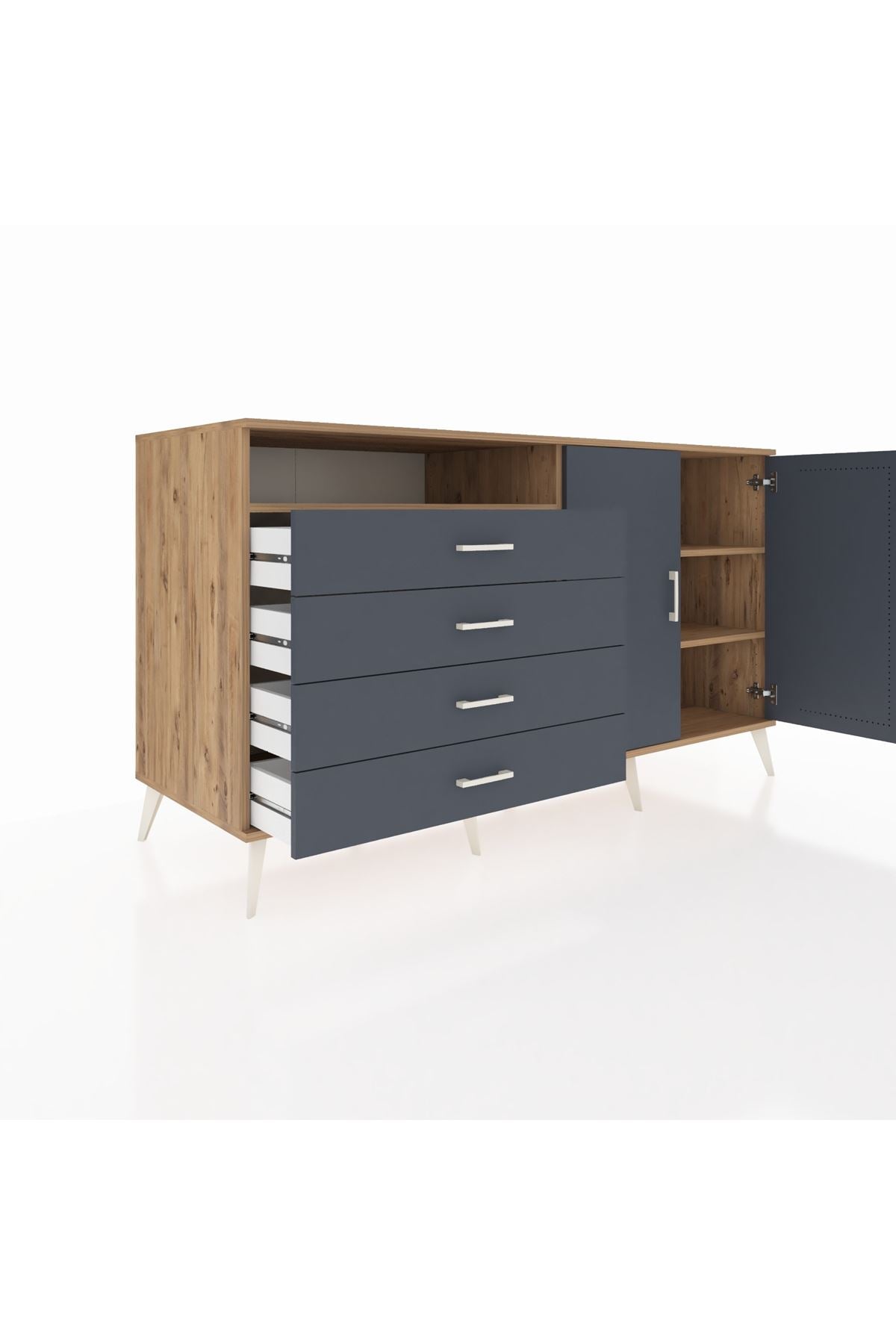 Kronos Konsol 3 Raflı 4 Çekmeceli 2 Kapaklı 176x59x99 Çam-Antrasit