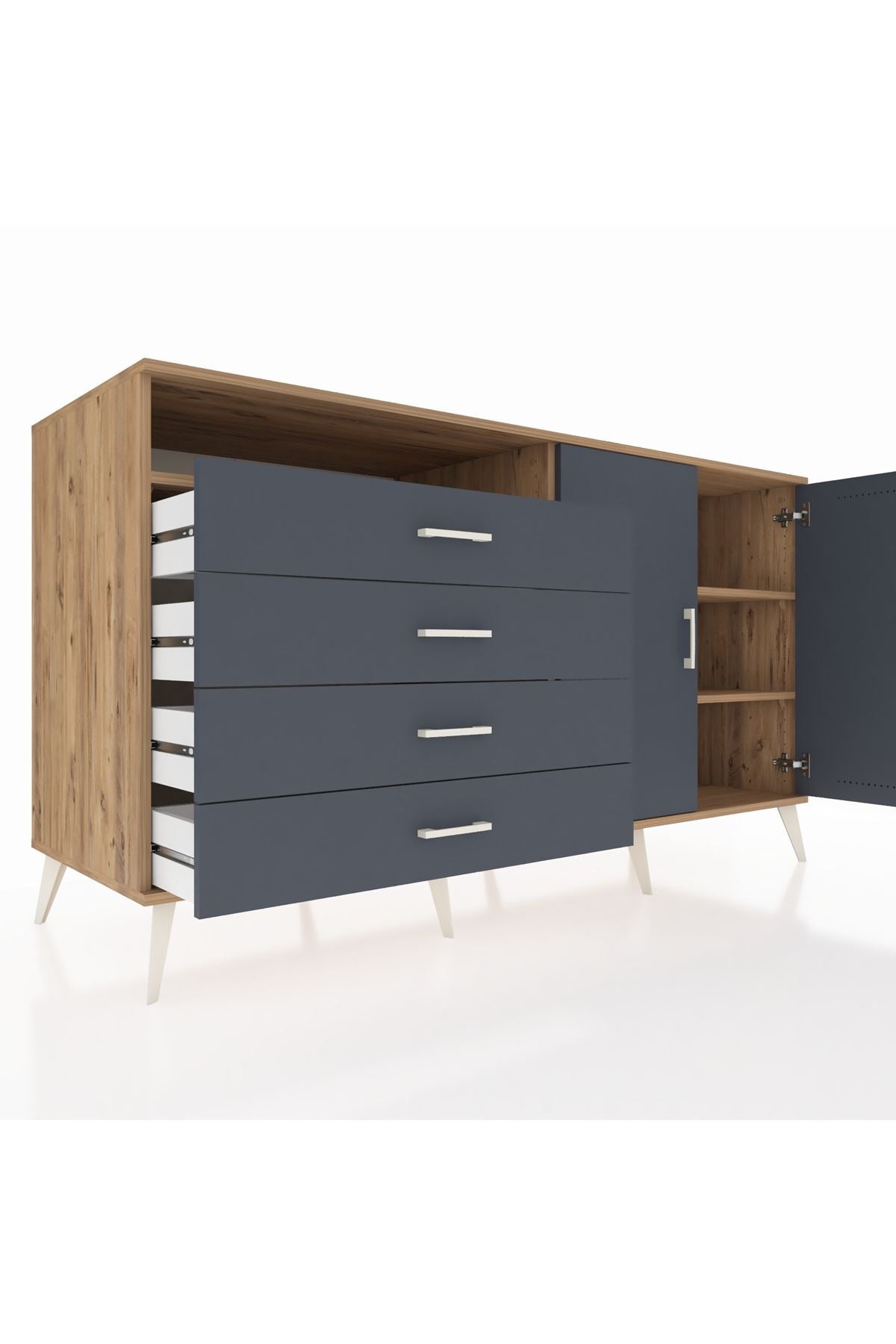 Kronos Konsol 3 Raflı 4 Çekmeceli 2 Kapaklı 176x59x99 Çam-Antrasit