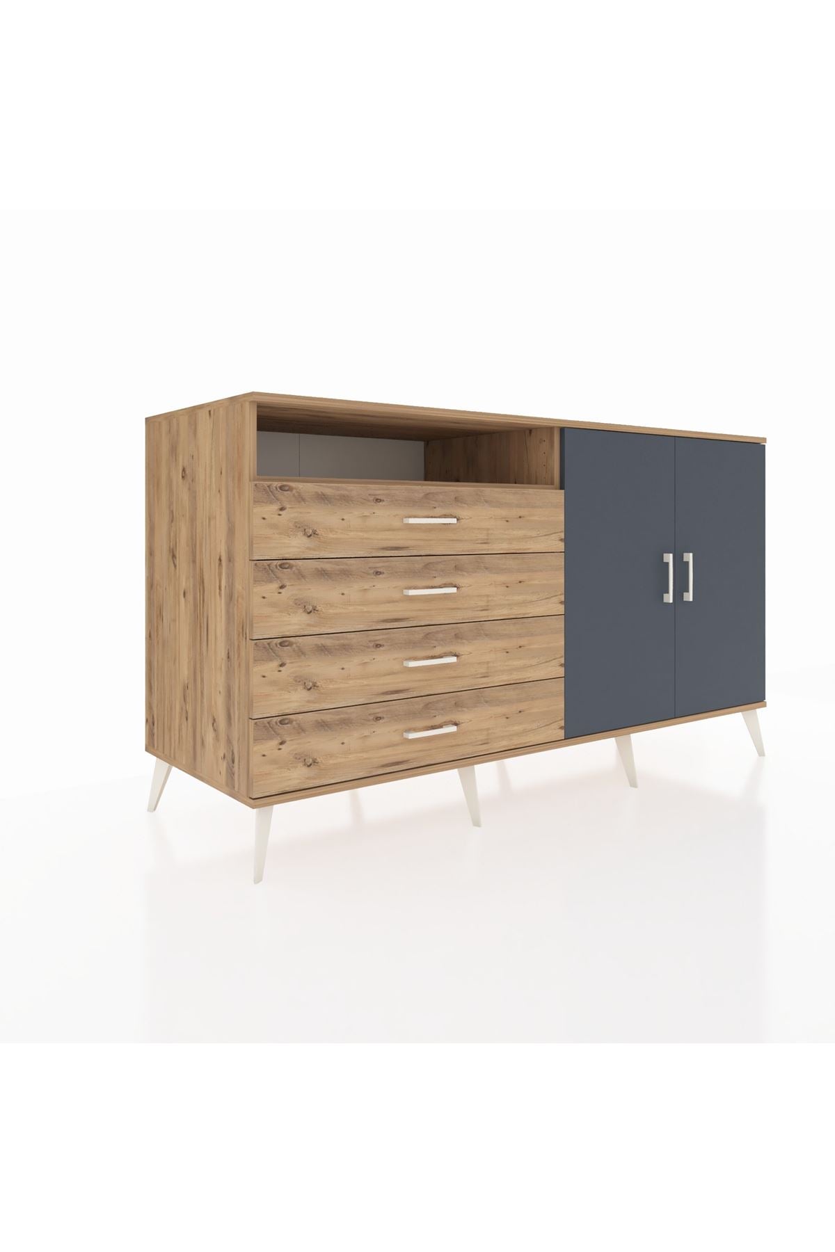 Kronos Konsol 3 Raflı 4 Çekmeceli 2 Kapaklı 176x59x99 Çam-Antrasit/Çam