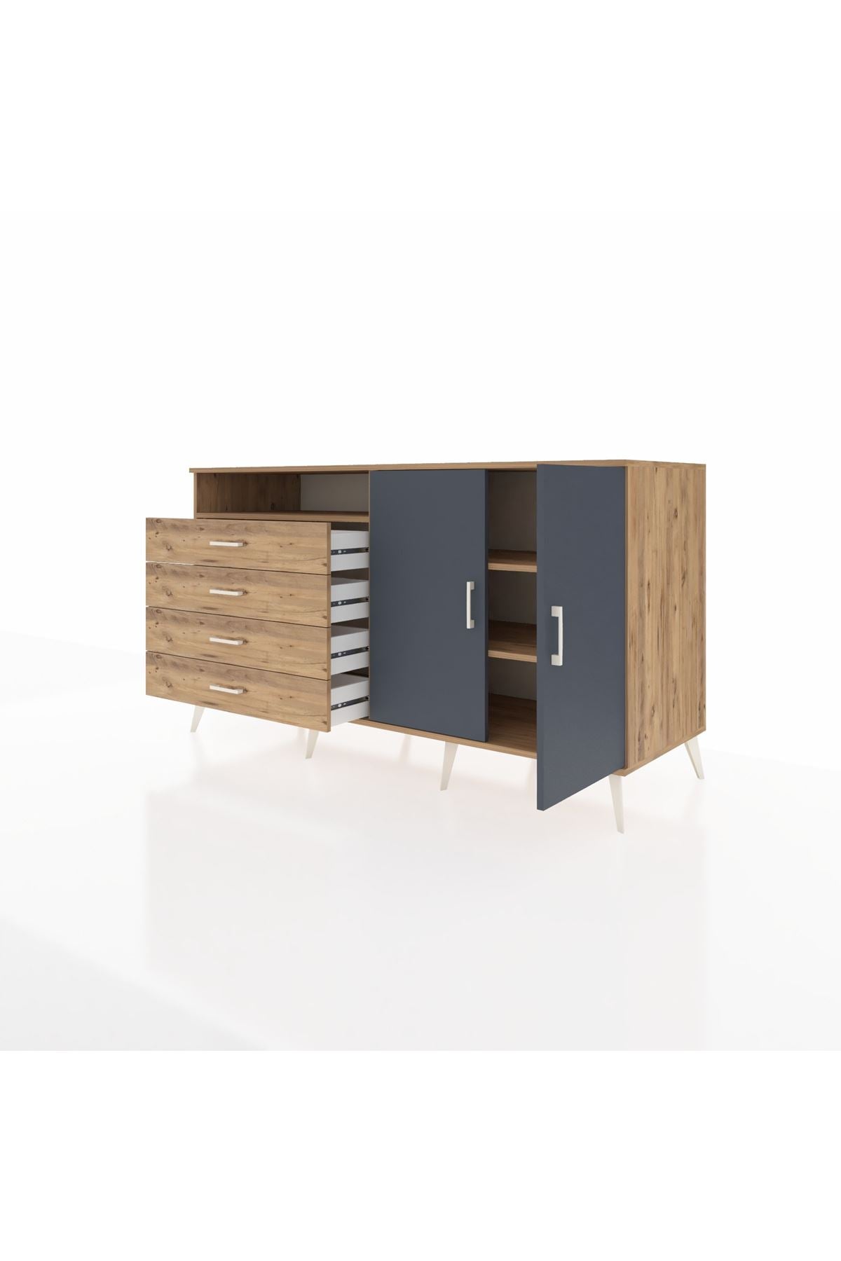 Kronos Konsol 3 Raflı 4 Çekmeceli 2 Kapaklı 176x59x99 Çam-Antrasit/Çam