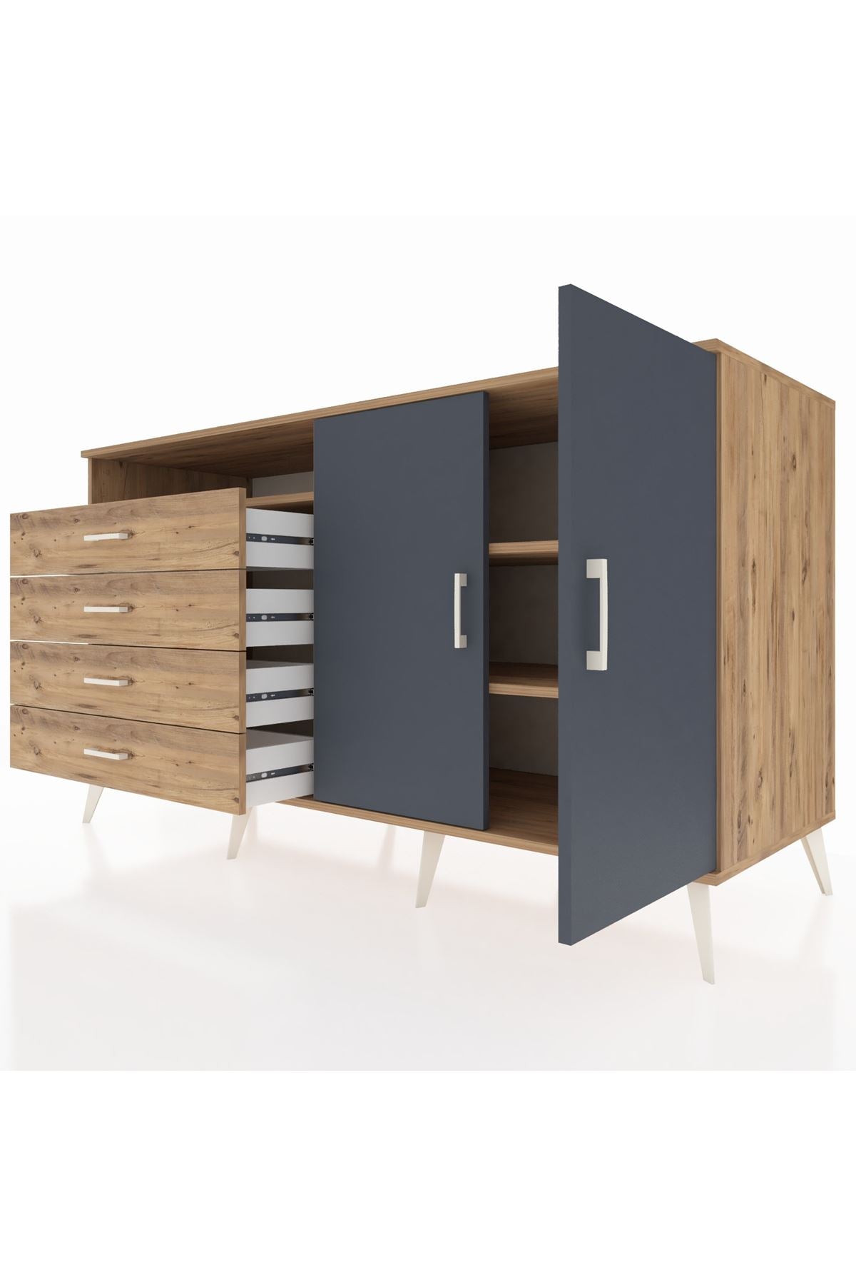 Kronos Konsol 3 Raflı 4 Çekmeceli 2 Kapaklı 176x59x99 Çam-Antrasit/Çam