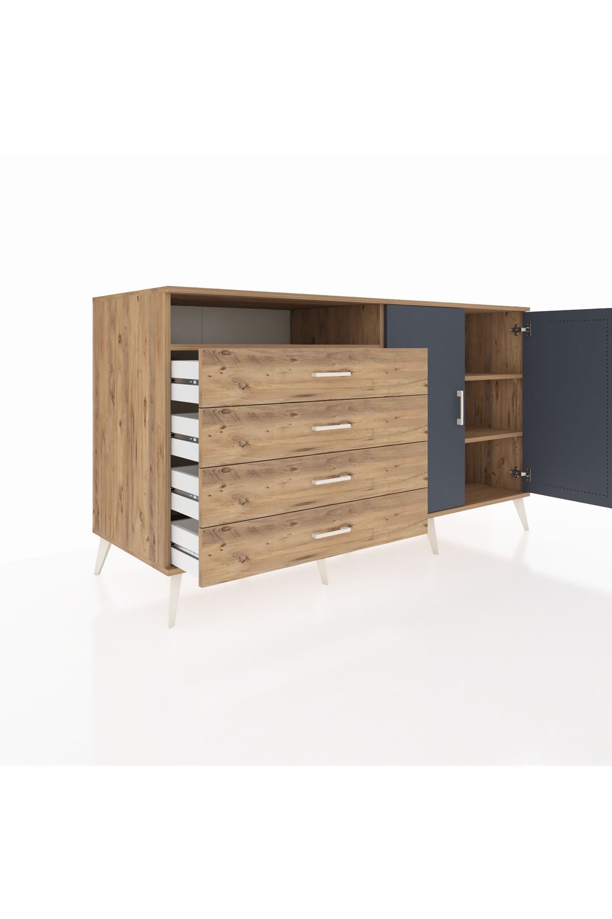 Kronos Konsol 3 Raflı 4 Çekmeceli 2 Kapaklı 176x59x99 Çam-Antrasit/Çam