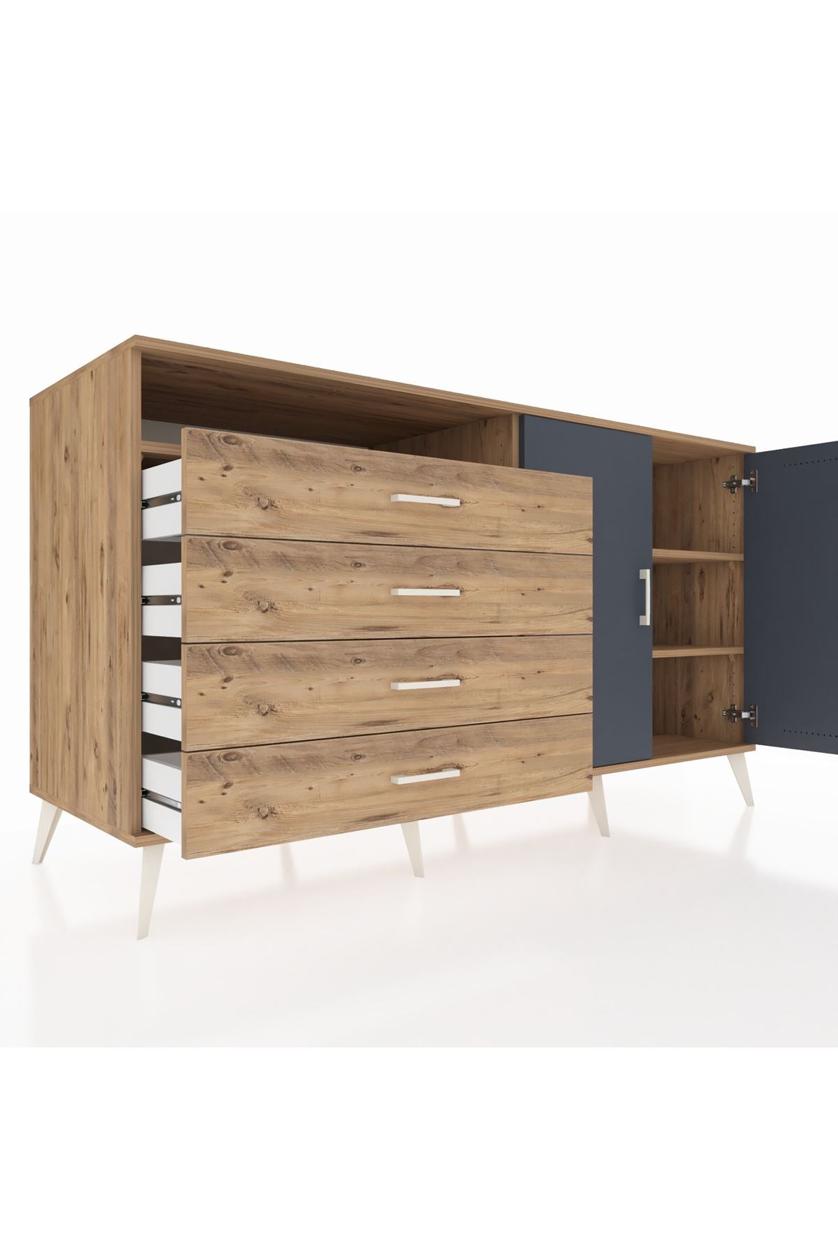 Kronos Konsol 3 Raflı 4 Çekmeceli 2 Kapaklı 176x59x99 Çam-Antrasit/Çam