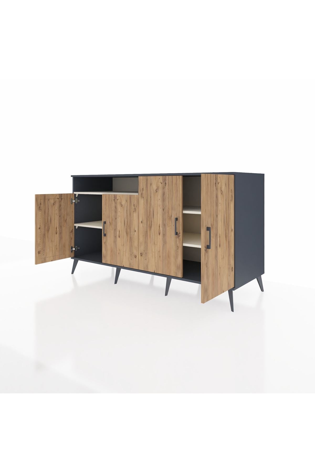 Kronos Konsol 4 Raflı 4 Kapaklı 176x59x99 Antrasit-Çam/Aytaşı