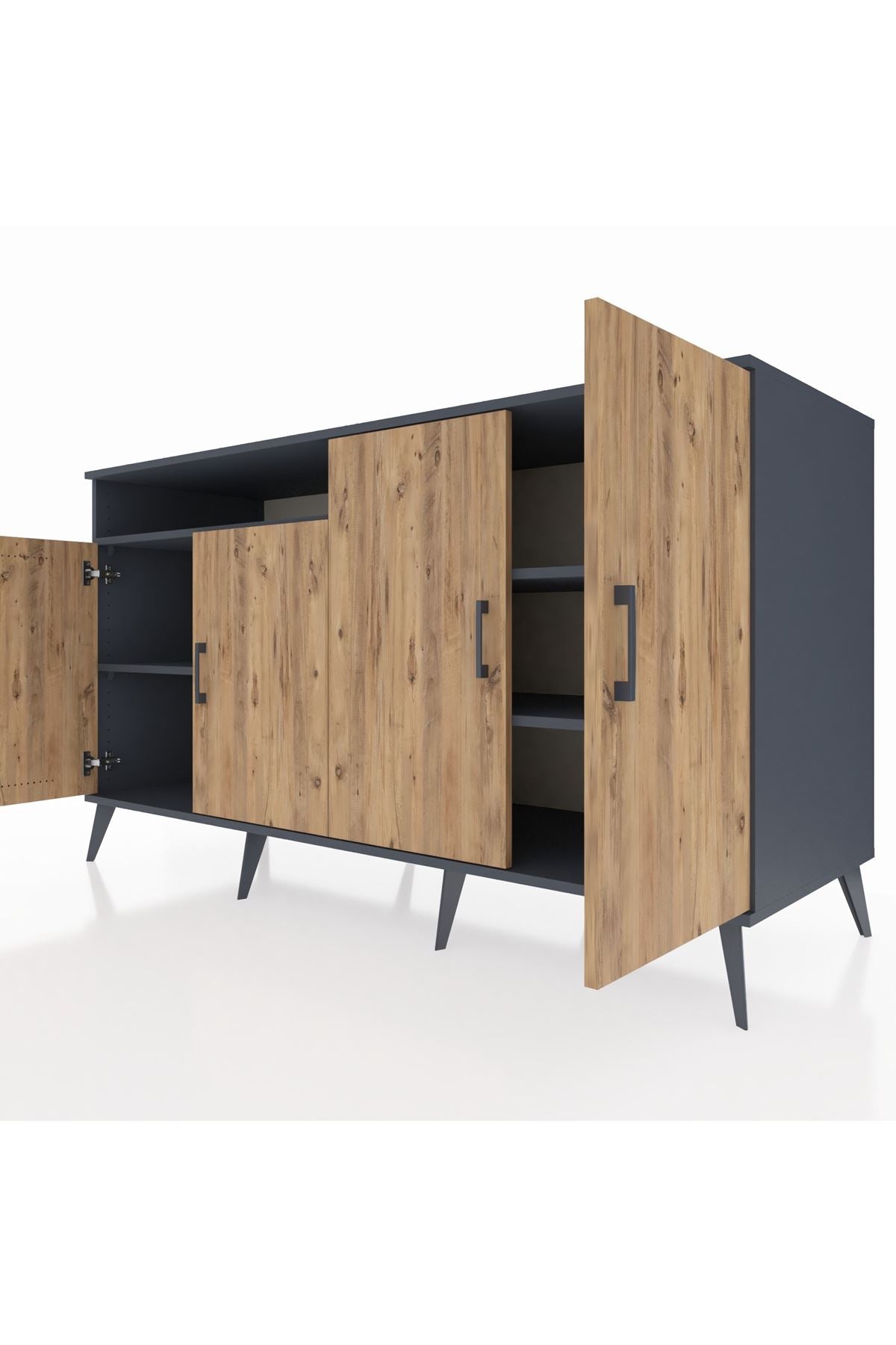 Kronos Konsol 4 Raflı 4 Kapaklı 176x59x99 Antrasit-Çam/Antrasit