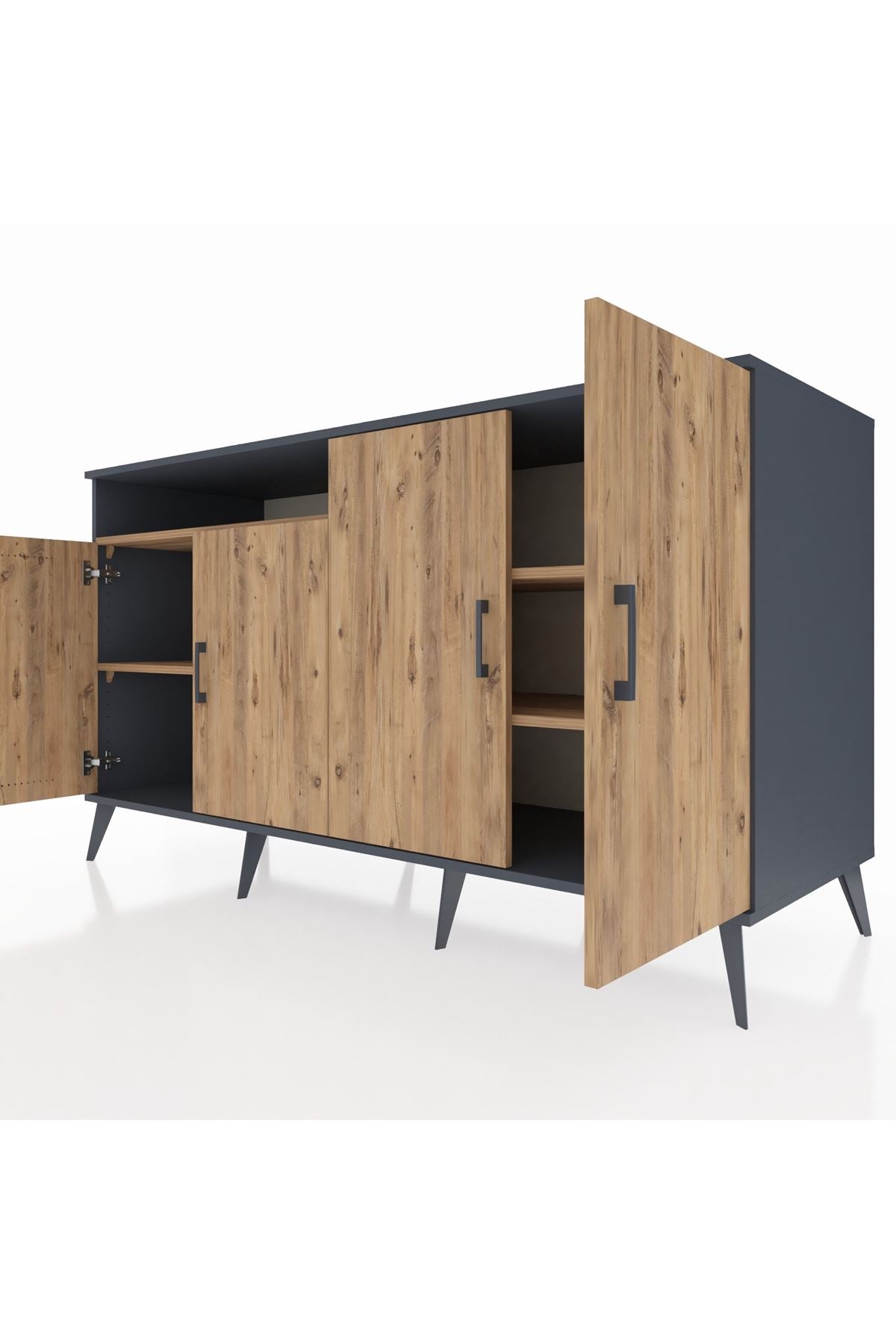 Kronos Konsol 4 Raflı 4 Kapaklı 176x59x99 Antrasit-Çam