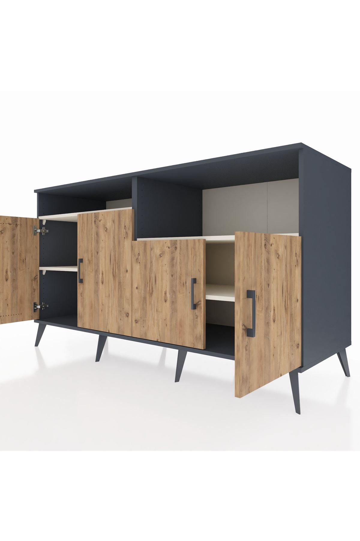 Kronos Konsol 4 Raflı 4 Kapaklı 176x59x99 Antrasit-Çam/Aytaşı