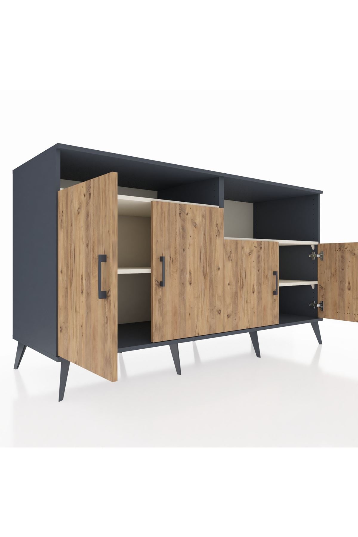 Kronos Konsol 4 Raflı 4 Kapaklı 176x59x99 Antrasit-Çam/Aytaşı