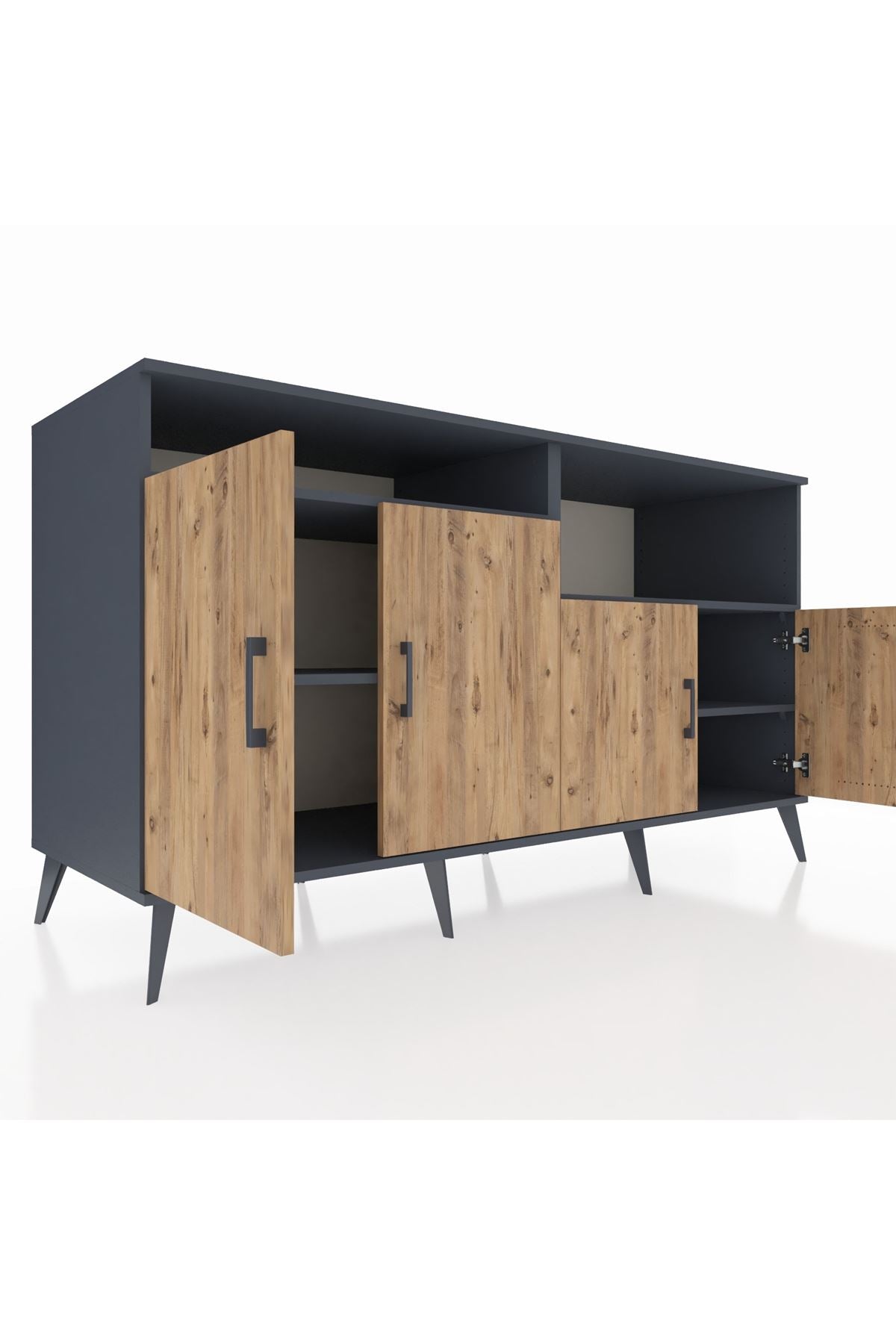 Kronos Konsol 4 Raflı 4 Kapaklı 176x59x99 Antrasit-Çam/Antrasit