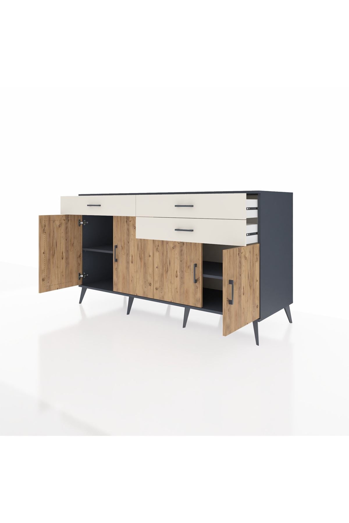 Kronos Konsol 2 Raflı 3 Çekmeceli 4 Kapaklı 176x59x99 Antrasit-Çam/Aytaşı