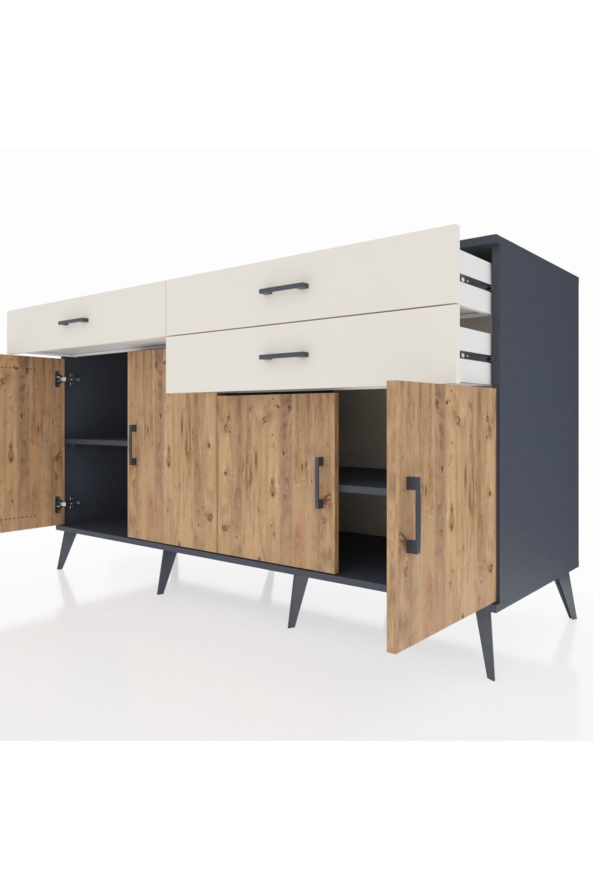 Kronos Konsol 2 Raflı 3 Çekmeceli 4 Kapaklı 176x59x99 Antrasit-Çam/Aytaşı