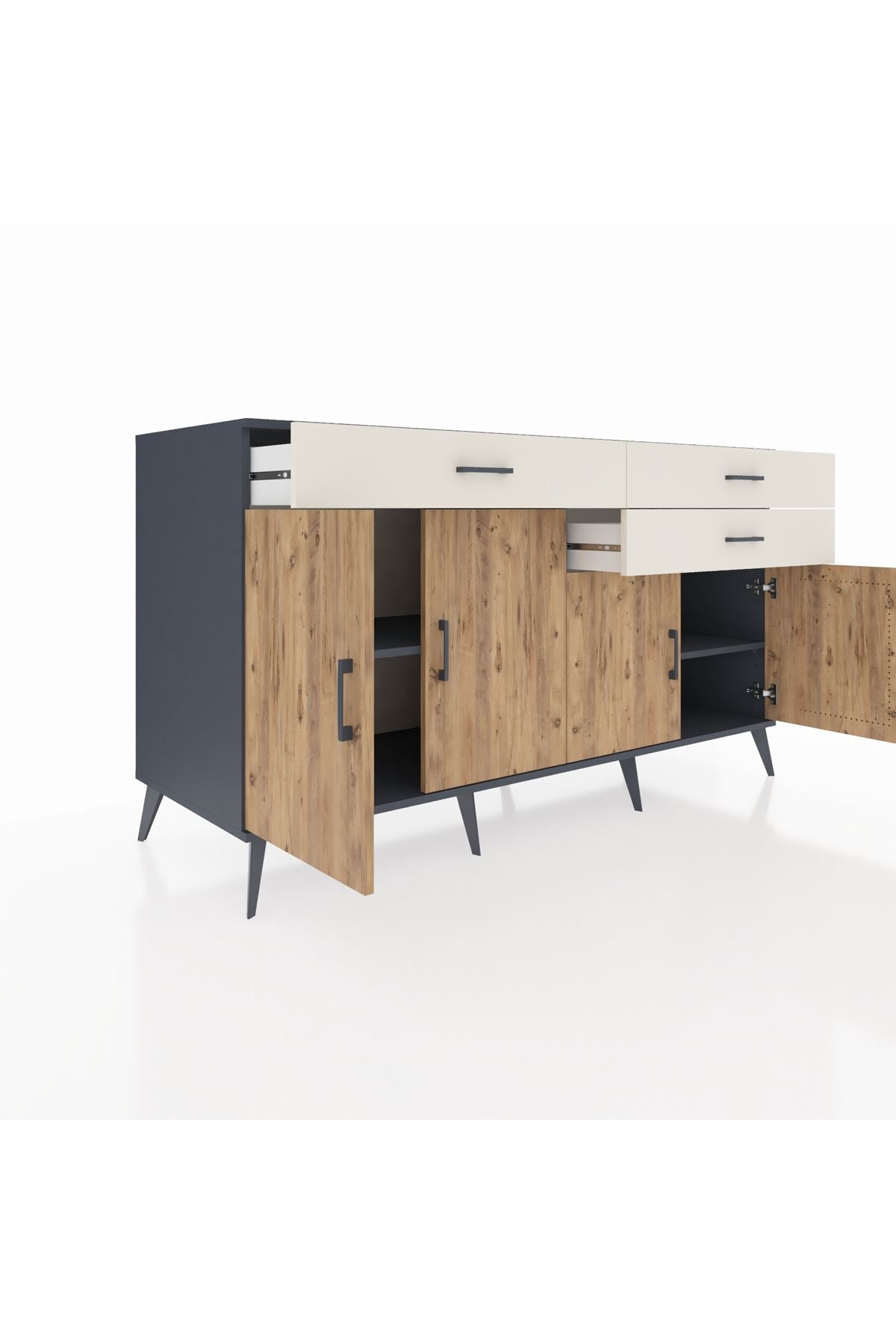 Kronos Konsol 2 Raflı 3 Çekmeceli 4 Kapaklı 176x59x99 Antrasit-Çam/Aytaşı