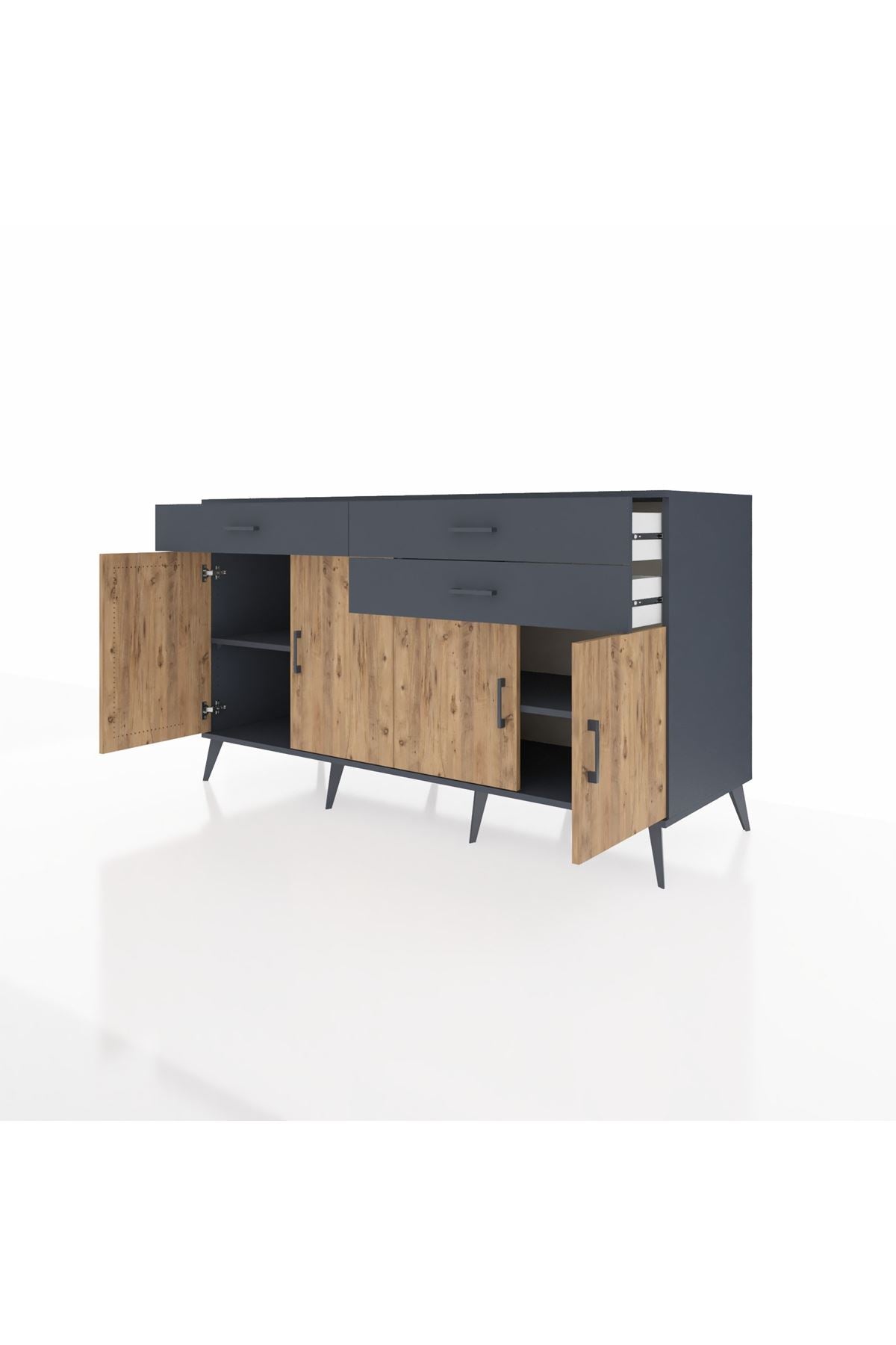 Kronos Konsol 2 Raflı 3 Çekmeceli 4 Kapaklı 176x59x99 Antrasit-Çam/Antrasit