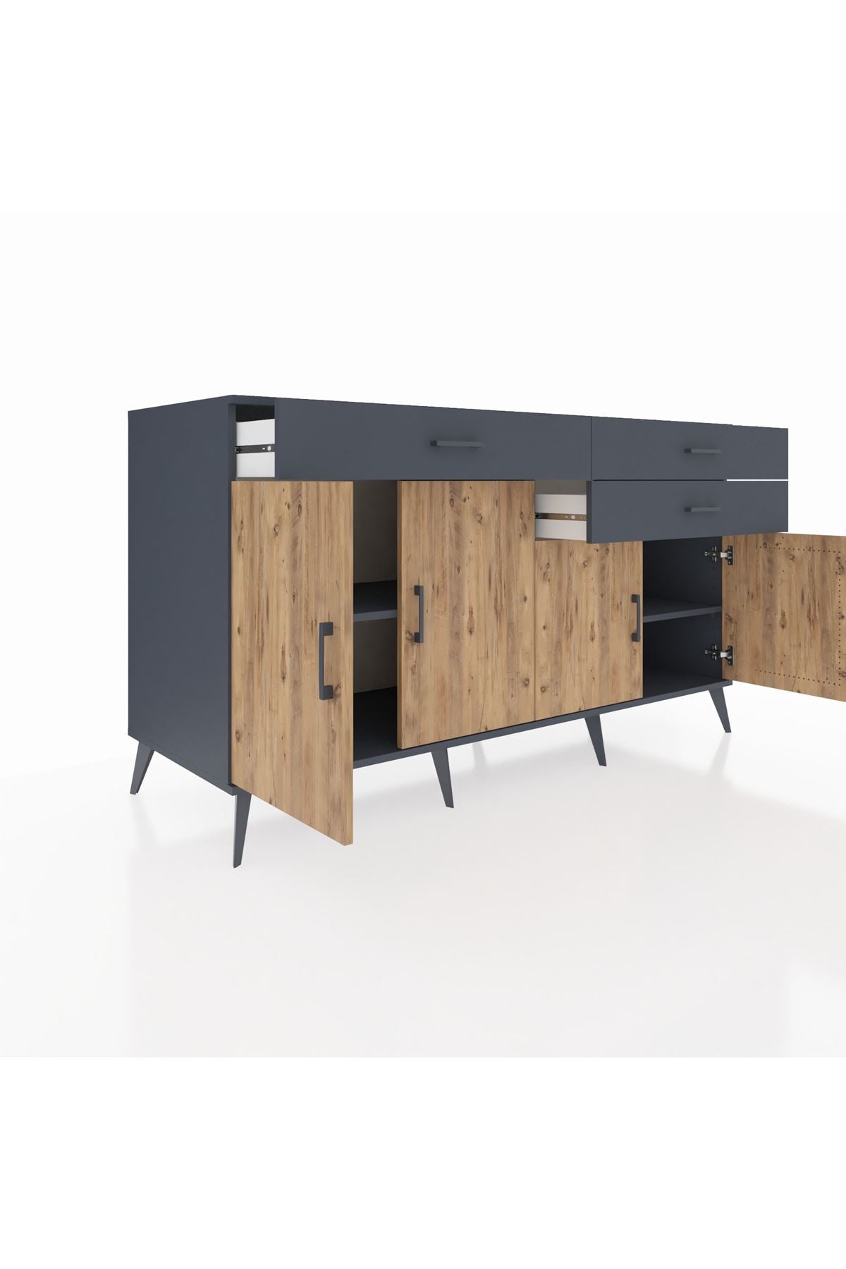 Kronos Konsol 2 Raflı 3 Çekmeceli 4 Kapaklı 176x59x99 Antrasit-Çam/Antrasit