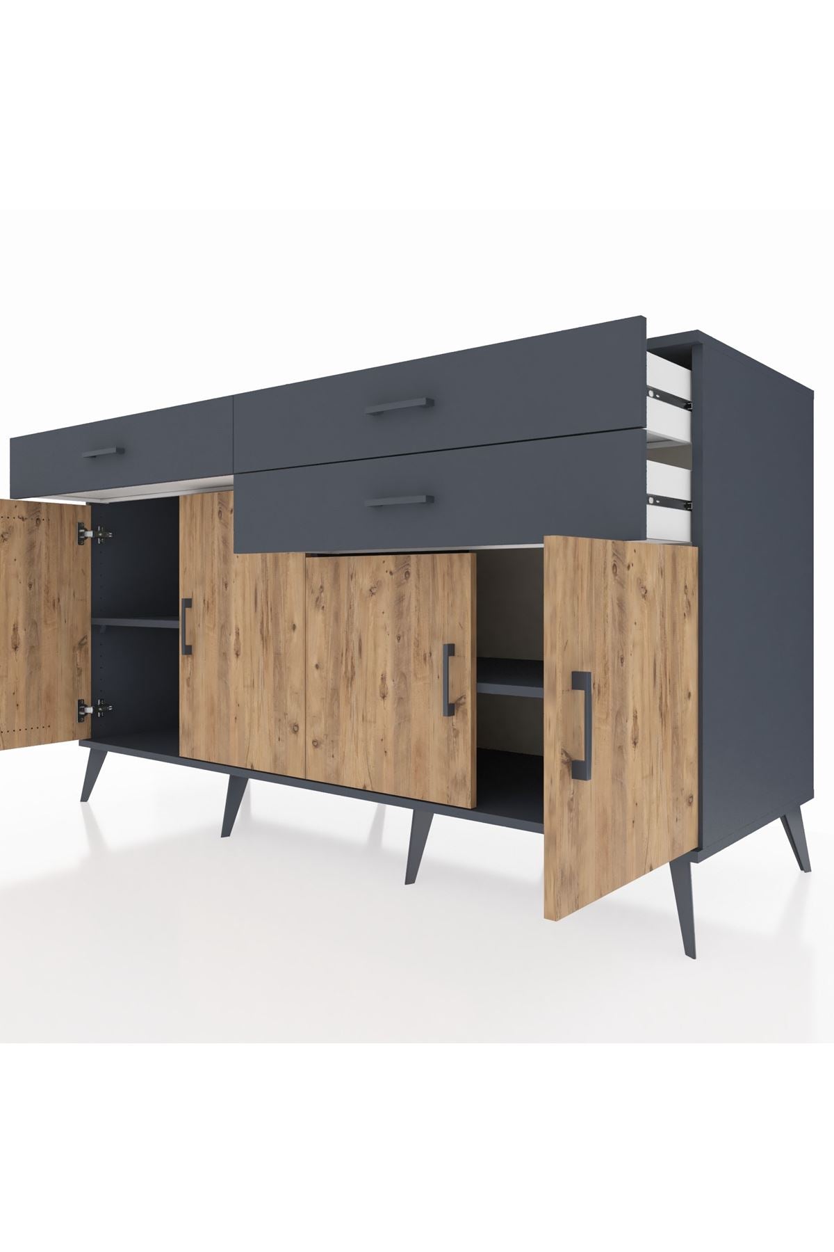 Kronos Konsol 2 Raflı 3 Çekmeceli 4 Kapaklı 176x59x99 Antrasit-Çam/Antrasit