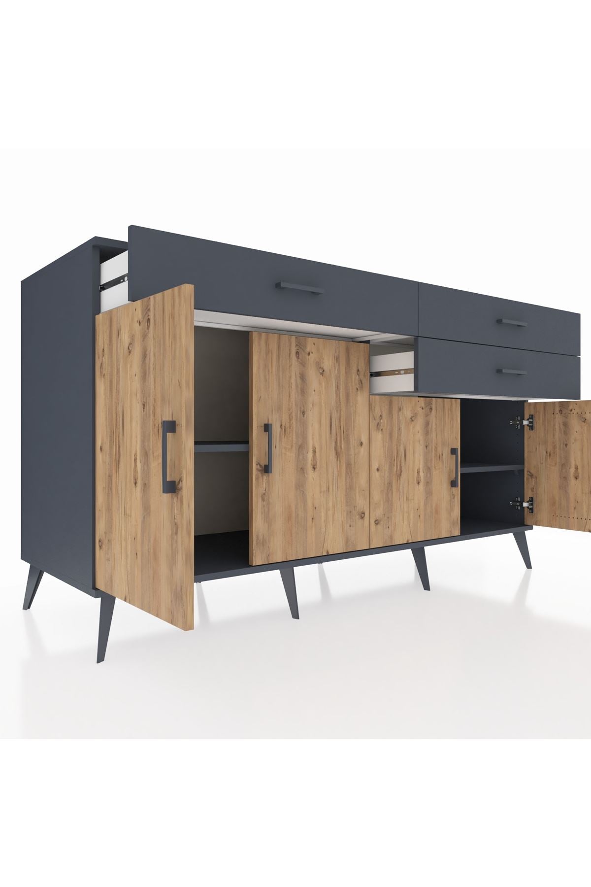 Kronos Konsol 2 Raflı 3 Çekmeceli 4 Kapaklı 176x59x99 Antrasit-Çam/Antrasit