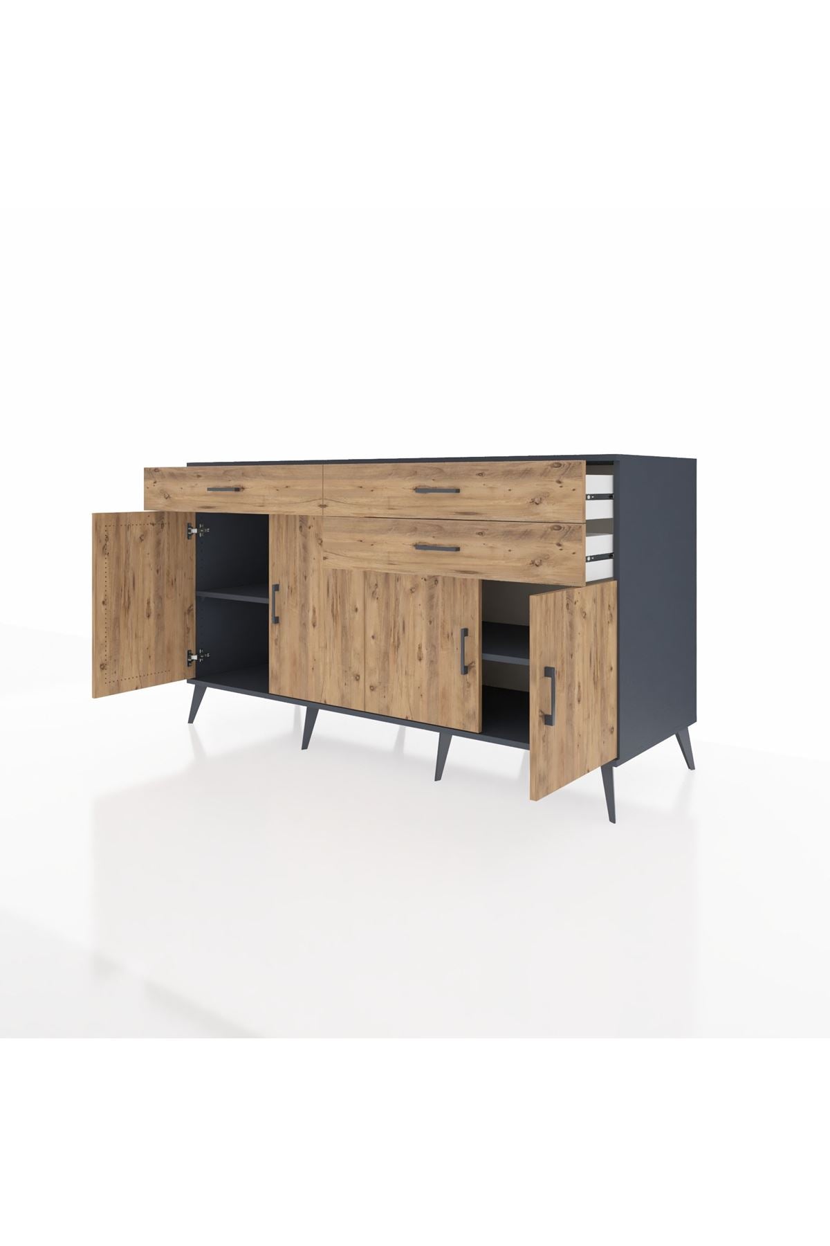 Kronos Konsol 2 Raflı 3 Çekmeceli 4 Kapaklı 176x59x99 Antrasit-Çam