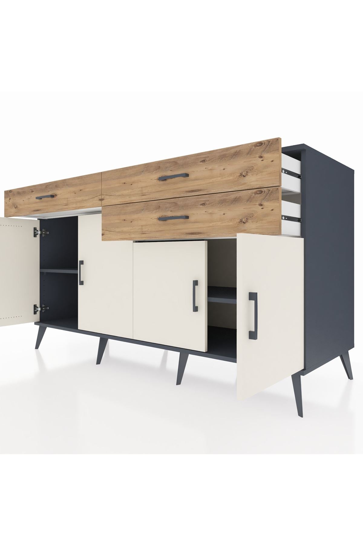 Kronos Konsol 2 Raflı 3 Çekmeceli 4 Kapaklı 176x59x99 Antrasit-Aytaşı/Çam