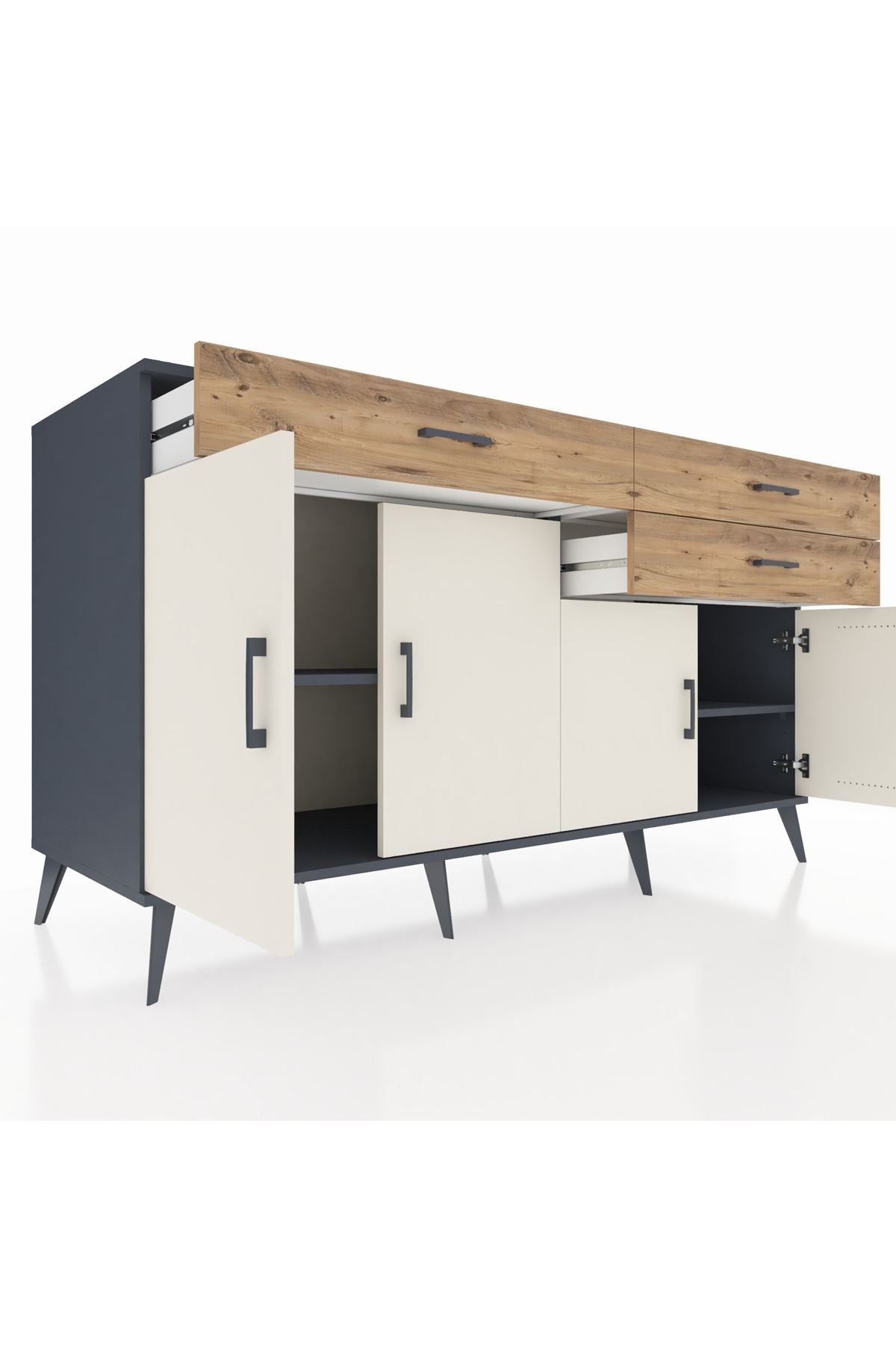 Kronos Konsol 2 Raflı 3 Çekmeceli 4 Kapaklı 176x59x99 Antrasit-Aytaşı/Çam