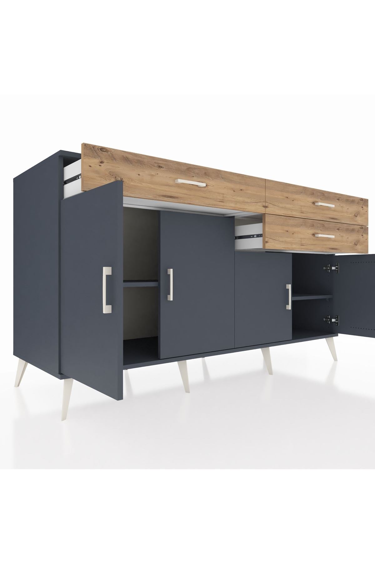 Kronos Konsol 2 Raflı 3 Çekmeceli 4 Kapaklı 176x59x99 Antrasit-Antrasit/Çam