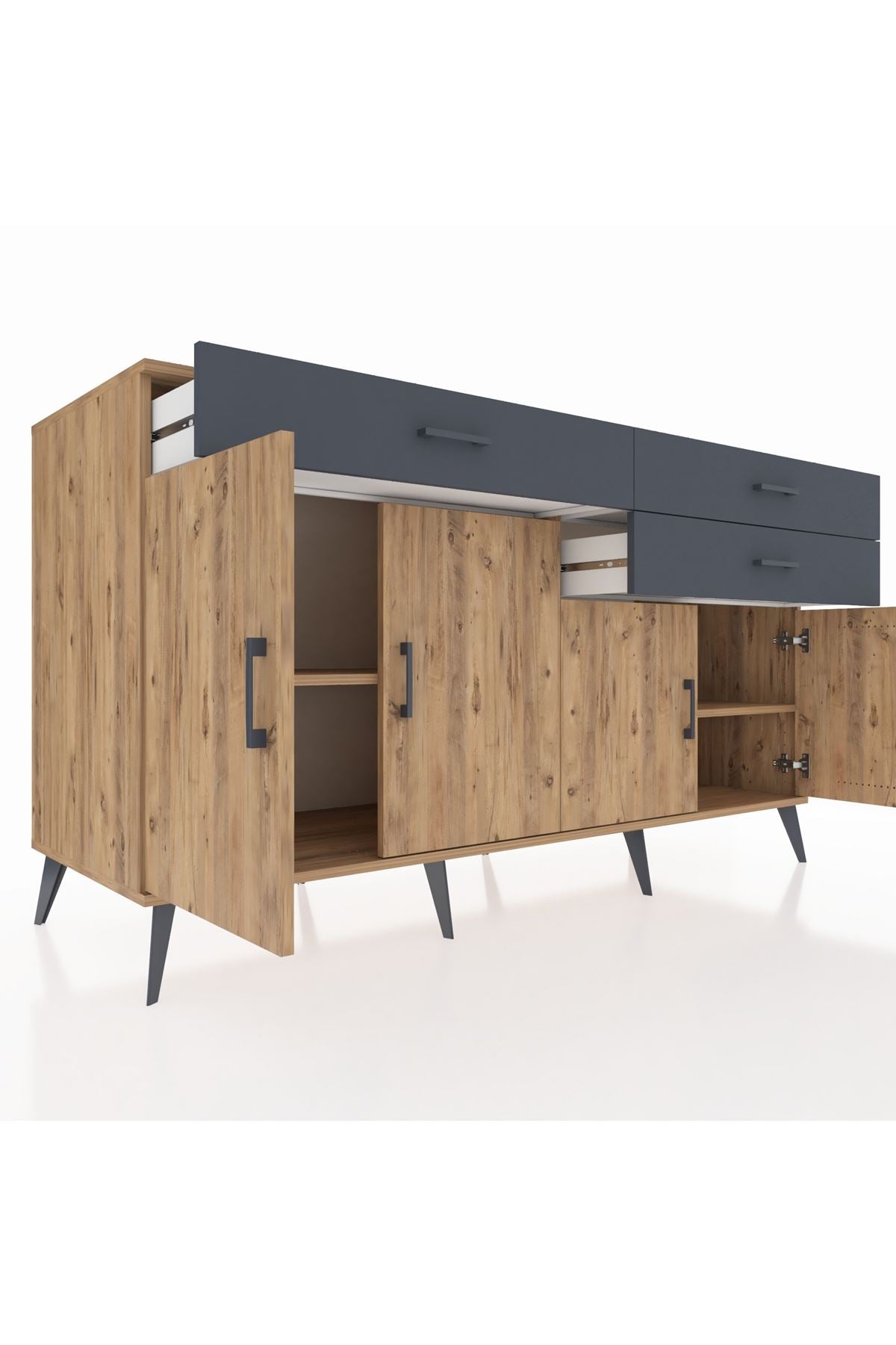 Kronos Konsol 2 Raflı 3 Çekmeceli 4 Kapaklı 176x59x99 Çam-Çam/Antrasit