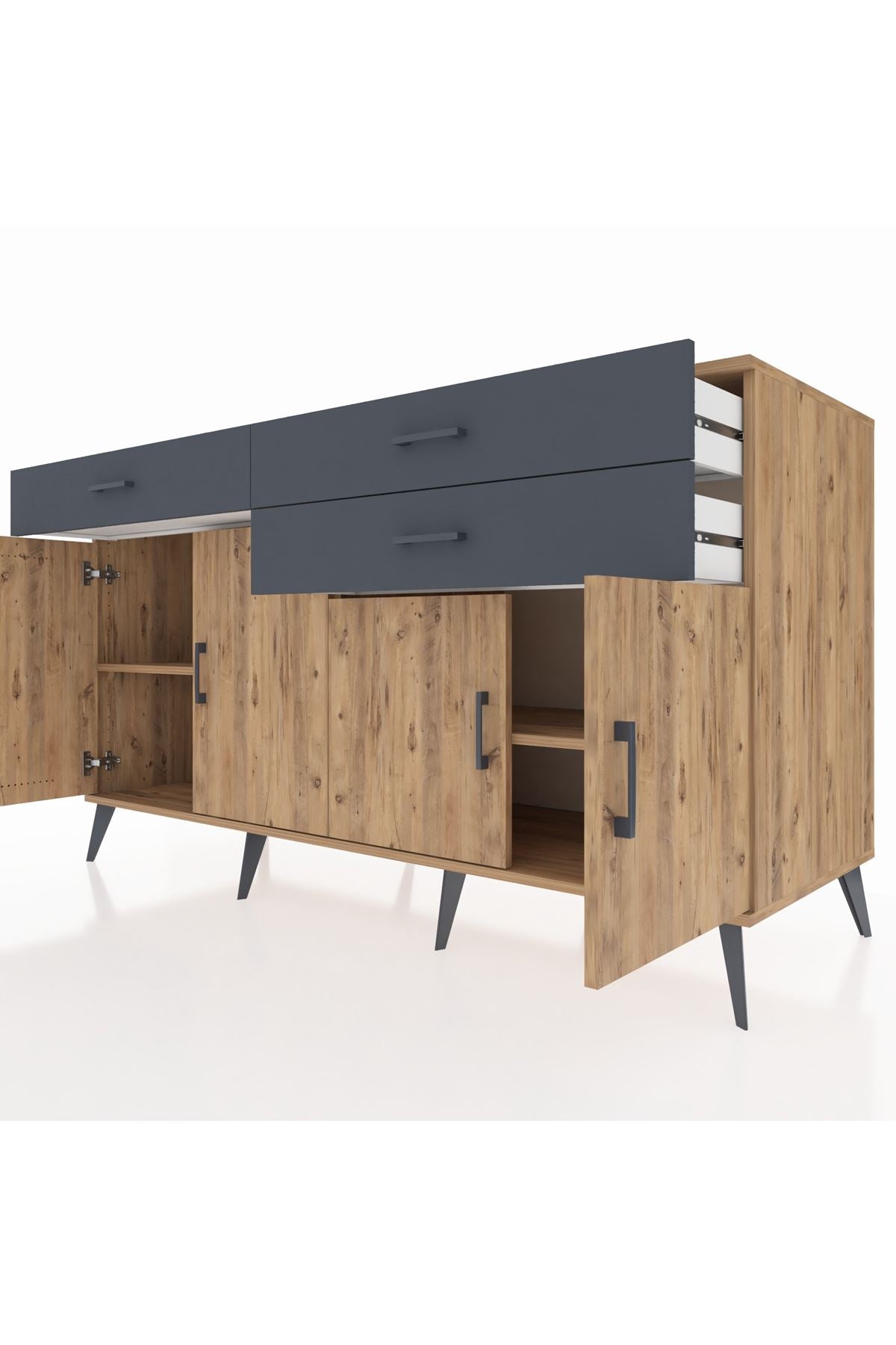 Kronos Konsol 2 Raflı 3 Çekmeceli 4 Kapaklı 176x59x99 Çam-Çam/Antrasit